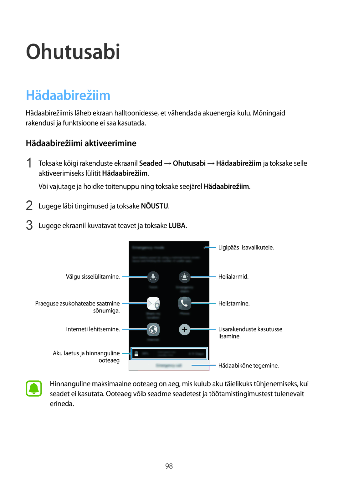 Samsung SM-N910FZWEBAL, SM-N910FZIEBAL, SM-N910FZDEBAL, SM-N910FZKEBAL manual Ohutusabi, Hädaabirežiimi aktiveerimine 