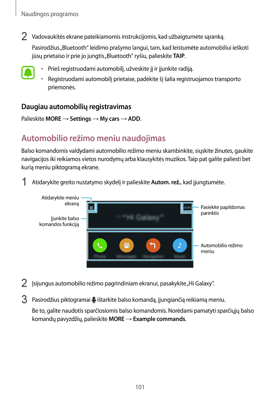 Samsung SM-N910FZKEBAL, SM-N910FZWEBAL manual Automobilio režimo meniu naudojimas, Daugiau automobilių registravimas 