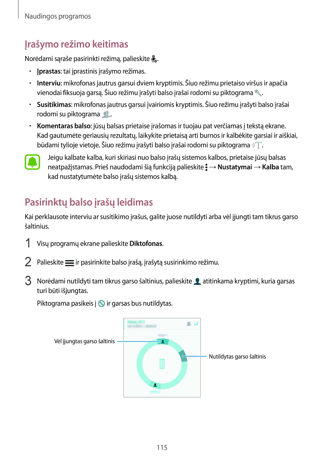 Samsung SM-N910FZKEBAL, SM-N910FZWEBAL, SM-N910FZIEBAL manual Įrašymo režimo keitimas, Pasirinktų balso įrašų leidimas 