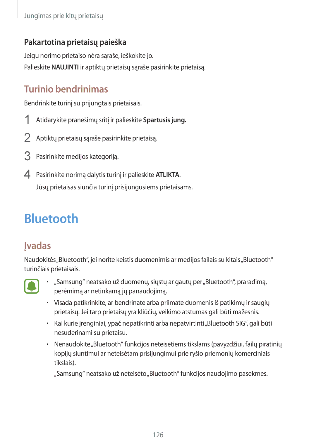 Samsung SM-N910FZWEBAL, SM-N910FZIEBAL, SM-N910FZDEBAL manual Bluetooth, Turinio bendrinimas, Pakartotina prietaisų paieška 