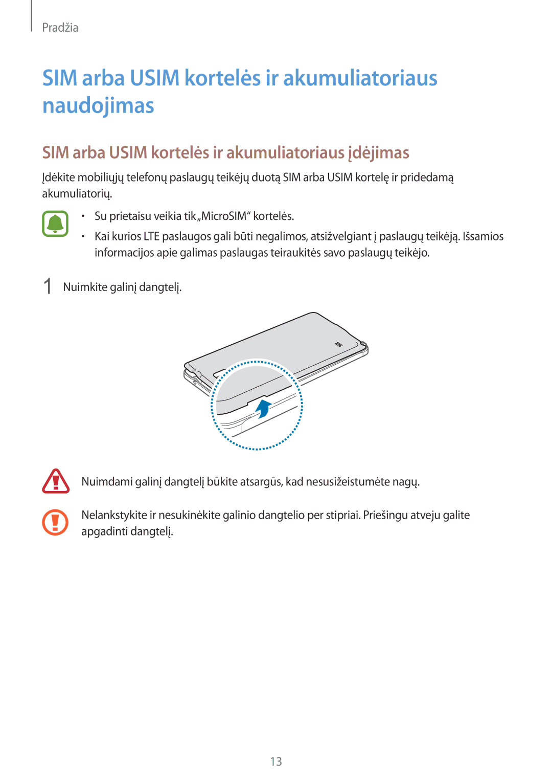 Samsung SM-N910CZWESEB, SM-N910FZWEBAL, SM-N910FZIEBAL, SM-N910FZDEBAL SIM arba Usim kortelės ir akumuliatoriaus naudojimas 