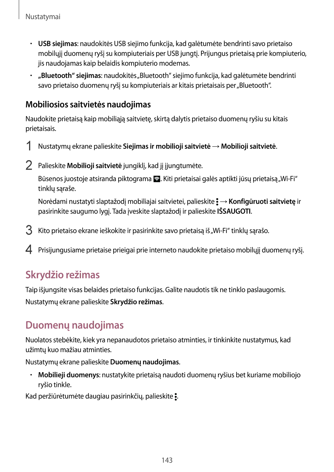 Samsung SM-N910FZKEBAL, SM-N910FZWEBAL manual Skrydžio režimas, Duomenų naudojimas, Mobiliosios saitvietės naudojimas 