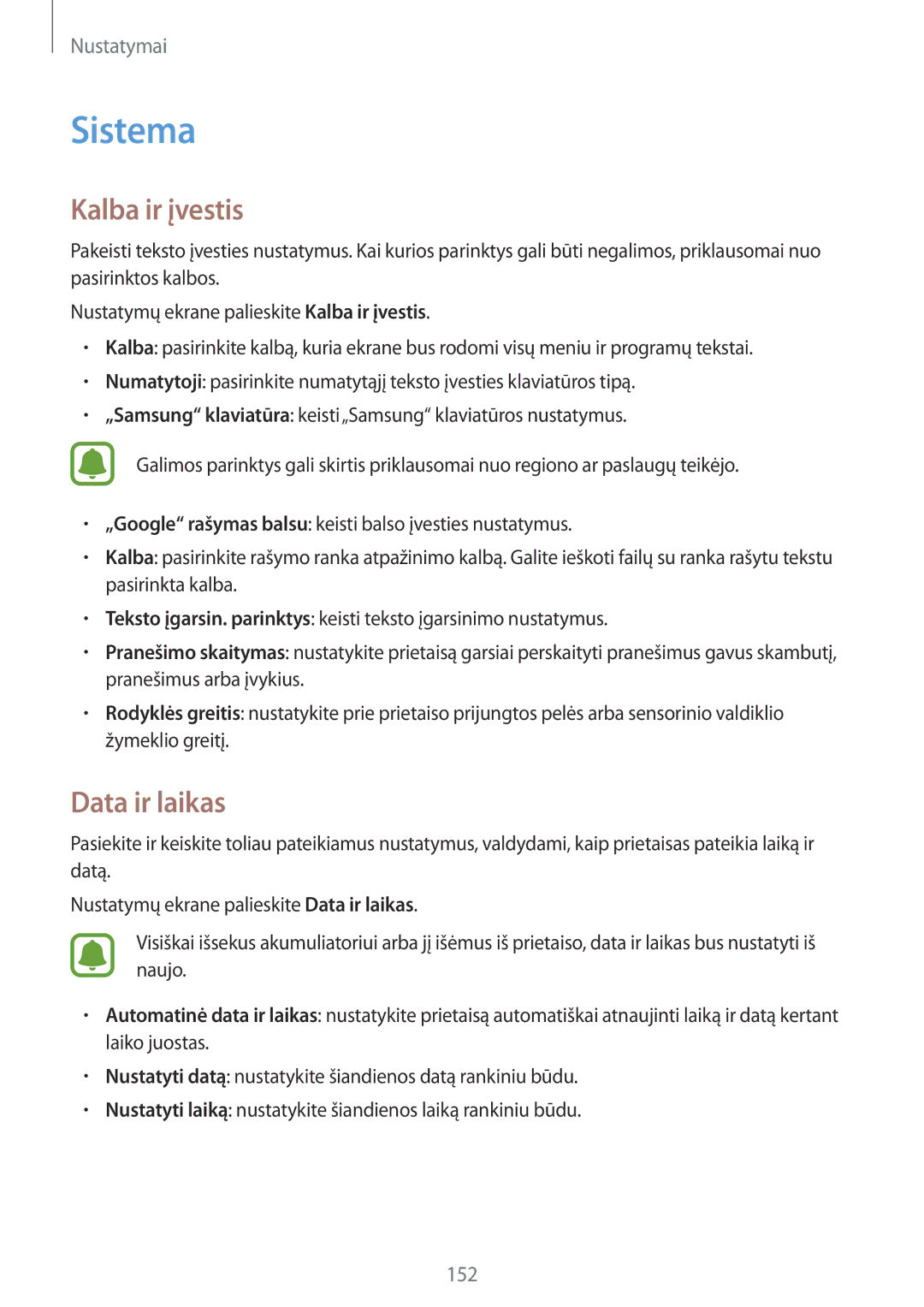 Samsung SM-N910CZDESEB, SM-N910FZWEBAL, SM-N910FZIEBAL, SM-N910FZDEBAL manual Sistema, Kalba ir įvestis, Data ir laikas 