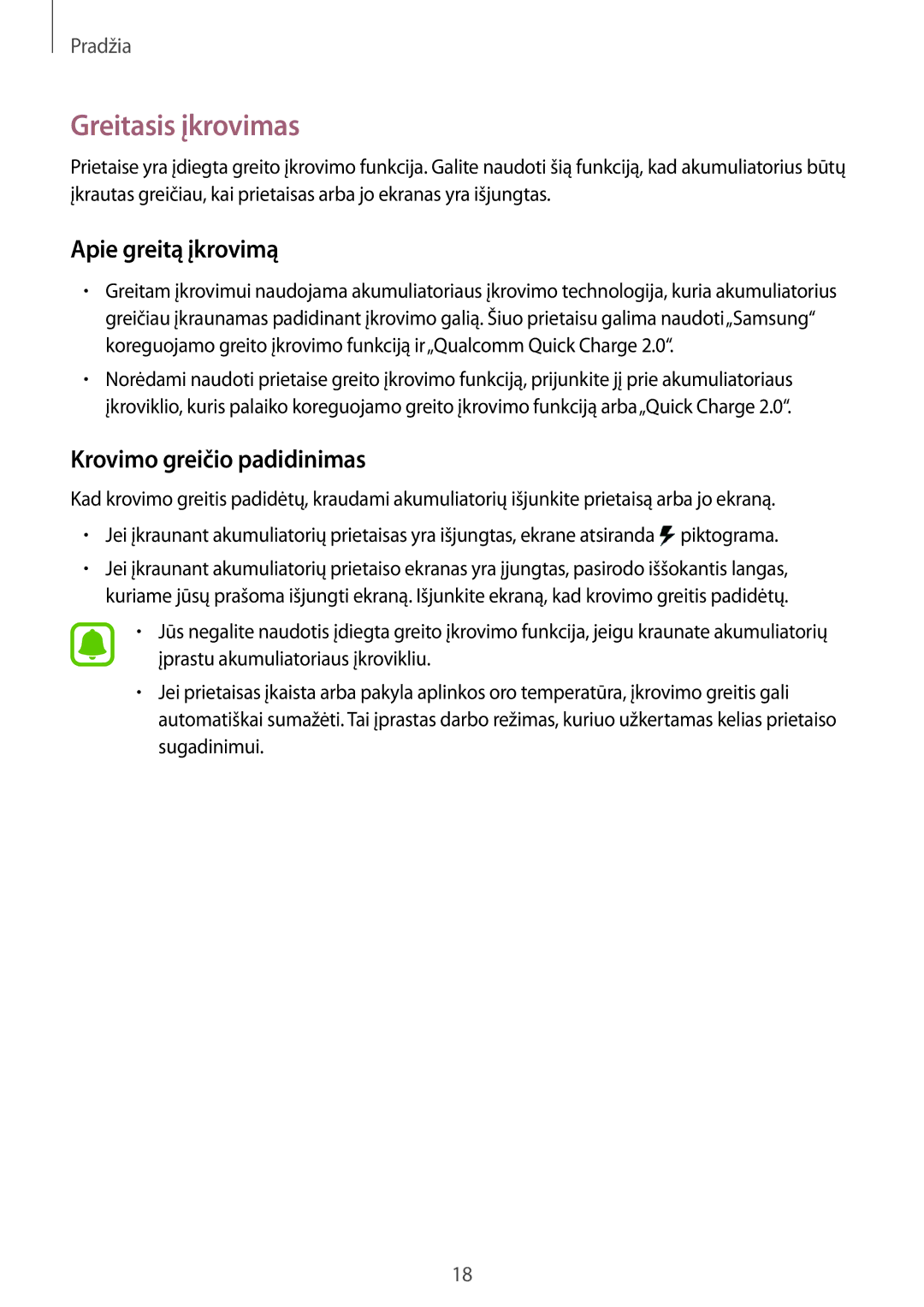 Samsung SM-N910CZKESEB, SM-N910FZWEBAL manual Greitasis įkrovimas, Apie greitą įkrovimą, Krovimo greičio padidinimas 