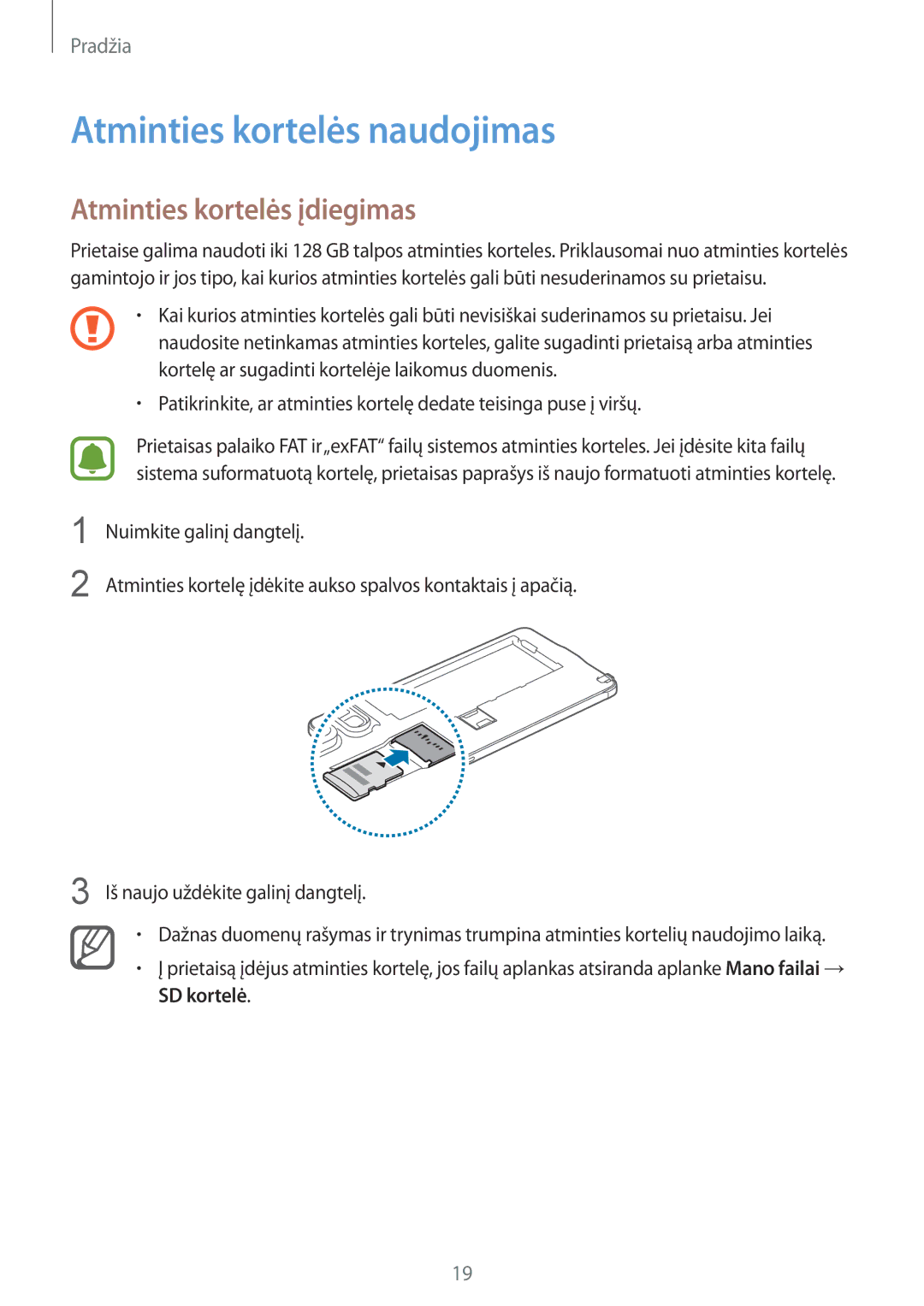 Samsung SM-N910CZDESEB, SM-N910FZWEBAL, SM-N910FZIEBAL manual Atminties kortelės naudojimas, Atminties kortelės įdiegimas 