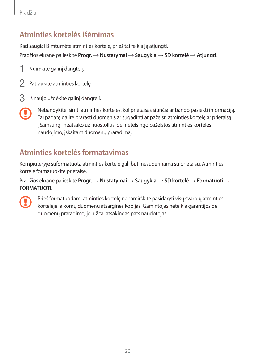 Samsung SM-N910CZWESEB, SM-N910FZWEBAL, SM-N910FZIEBAL manual Atminties kortelės išėmimas, Atminties kortelės formatavimas 