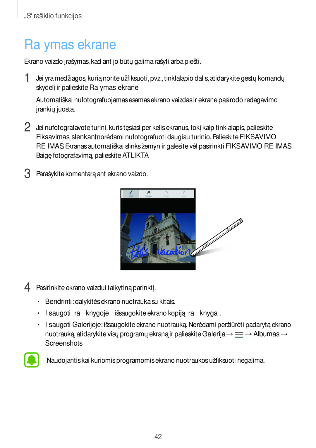 Samsung SM-N910FZWEBAL, SM-N910FZIEBAL, SM-N910FZDEBAL, SM-N910FZKEBAL, SM-N910CZKESEB, SM-N910CZDESEB manual Rašymas ekrane 