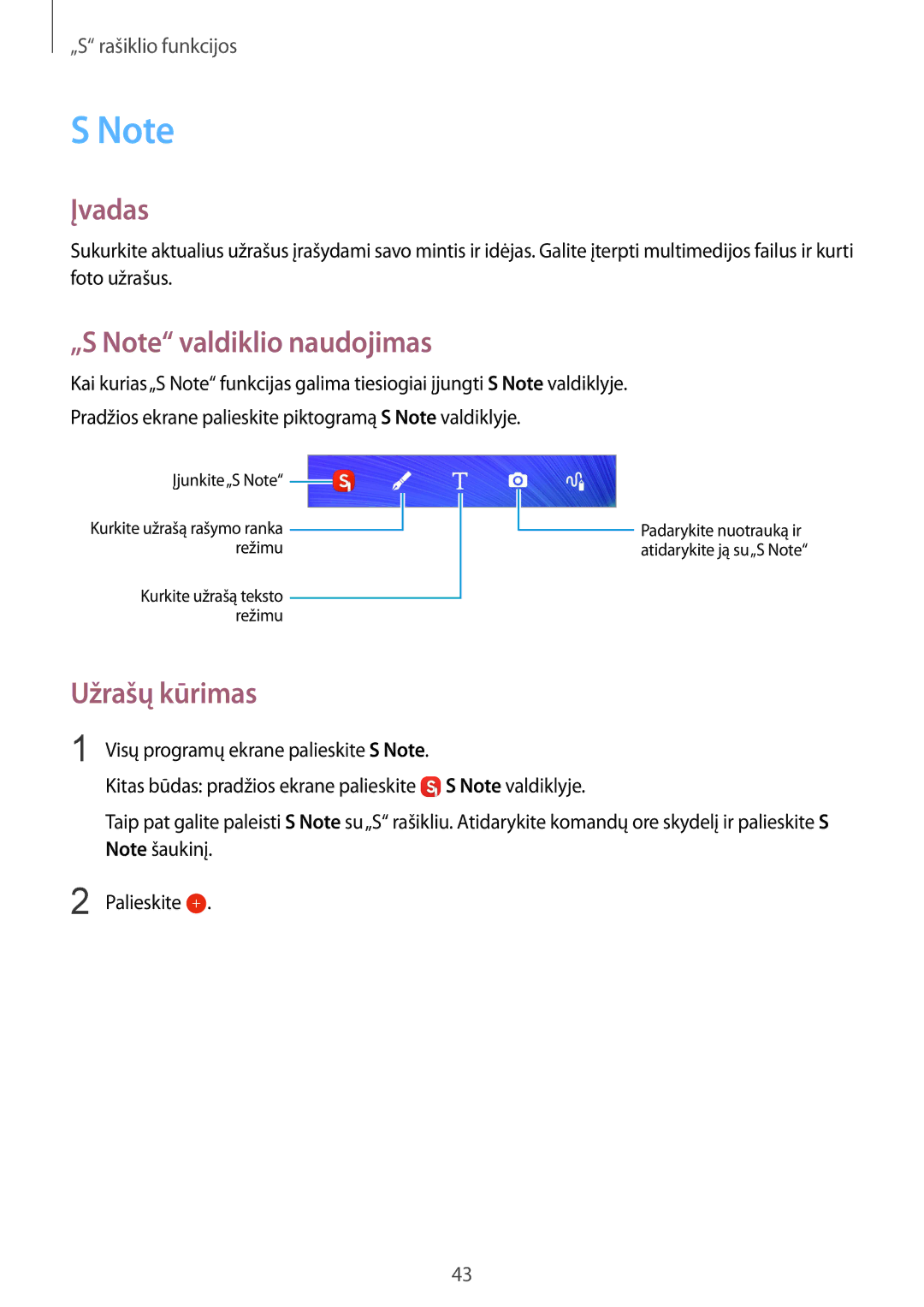 Samsung SM-N910FZIEBAL, SM-N910FZWEBAL, SM-N910FZDEBAL, SM-N910FZKEBAL Įvadas, „S Note valdiklio naudojimas, Užrašų kūrimas 