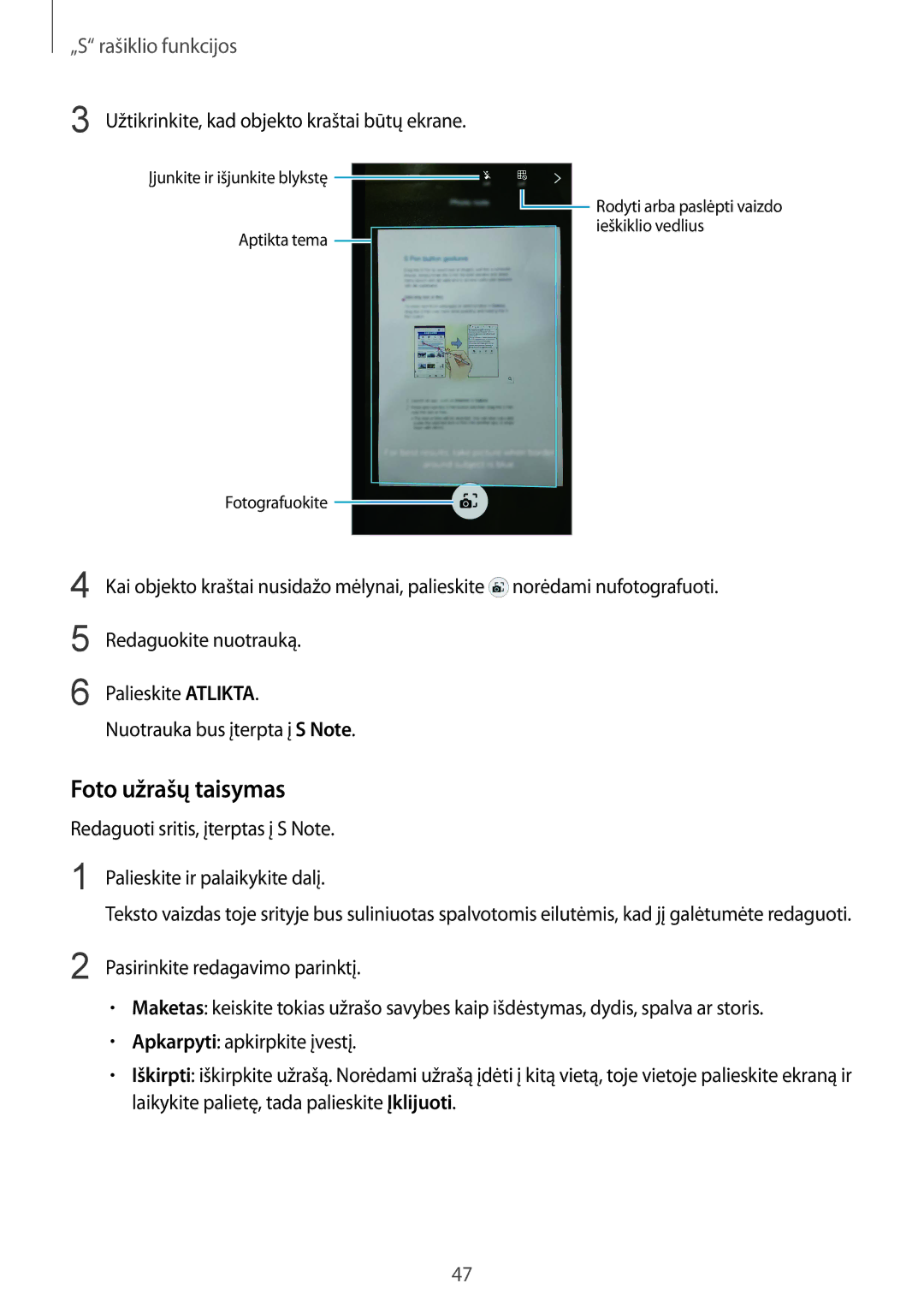 Samsung SM-N910CZDESEB, SM-N910FZWEBAL, SM-N910FZIEBAL Foto užrašų taisymas, Užtikrinkite, kad objekto kraštai būtų ekrane 