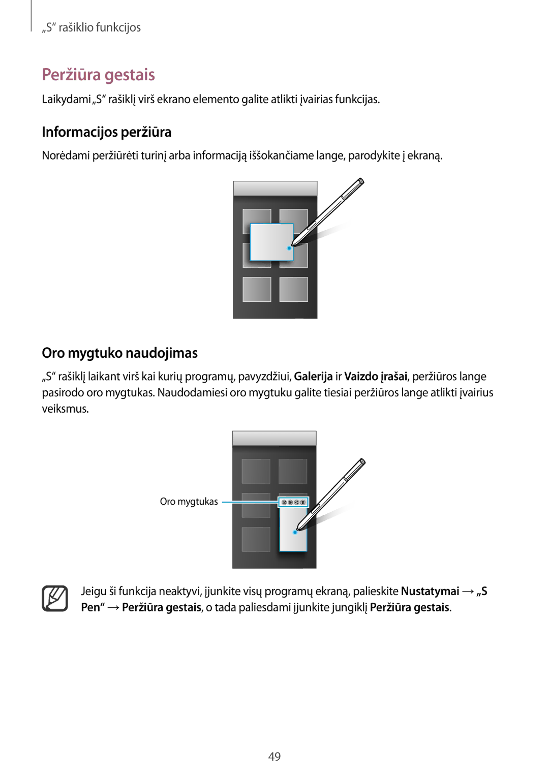 Samsung SM-N910FZWEBAL, SM-N910FZIEBAL, SM-N910FZDEBAL manual Peržiūra gestais, Informacijos peržiūra, Oro mygtuko naudojimas 