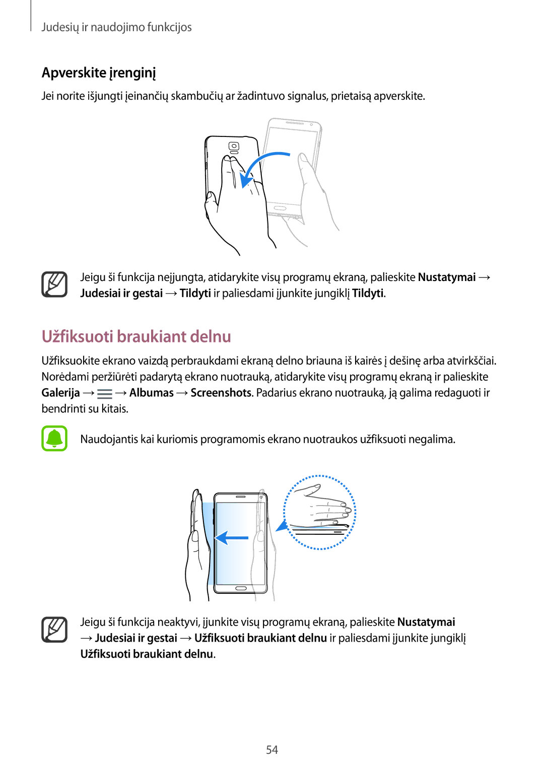 Samsung SM-N910CZDESEB, SM-N910FZWEBAL, SM-N910FZIEBAL, SM-N910FZDEBAL manual Užfiksuoti braukiant delnu, Apverskite įrenginį 