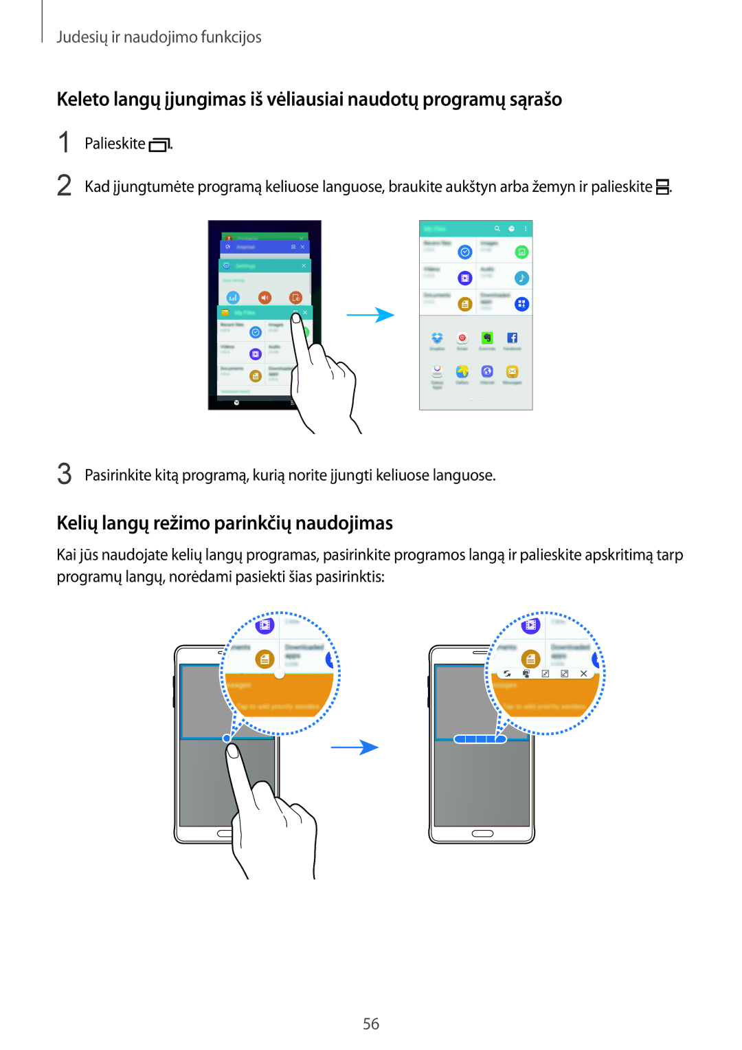 Samsung SM-N910FZWEBAL, SM-N910FZIEBAL, SM-N910FZDEBAL manual Keleto langų įjungimas iš vėliausiai naudotų programų sąrašo 