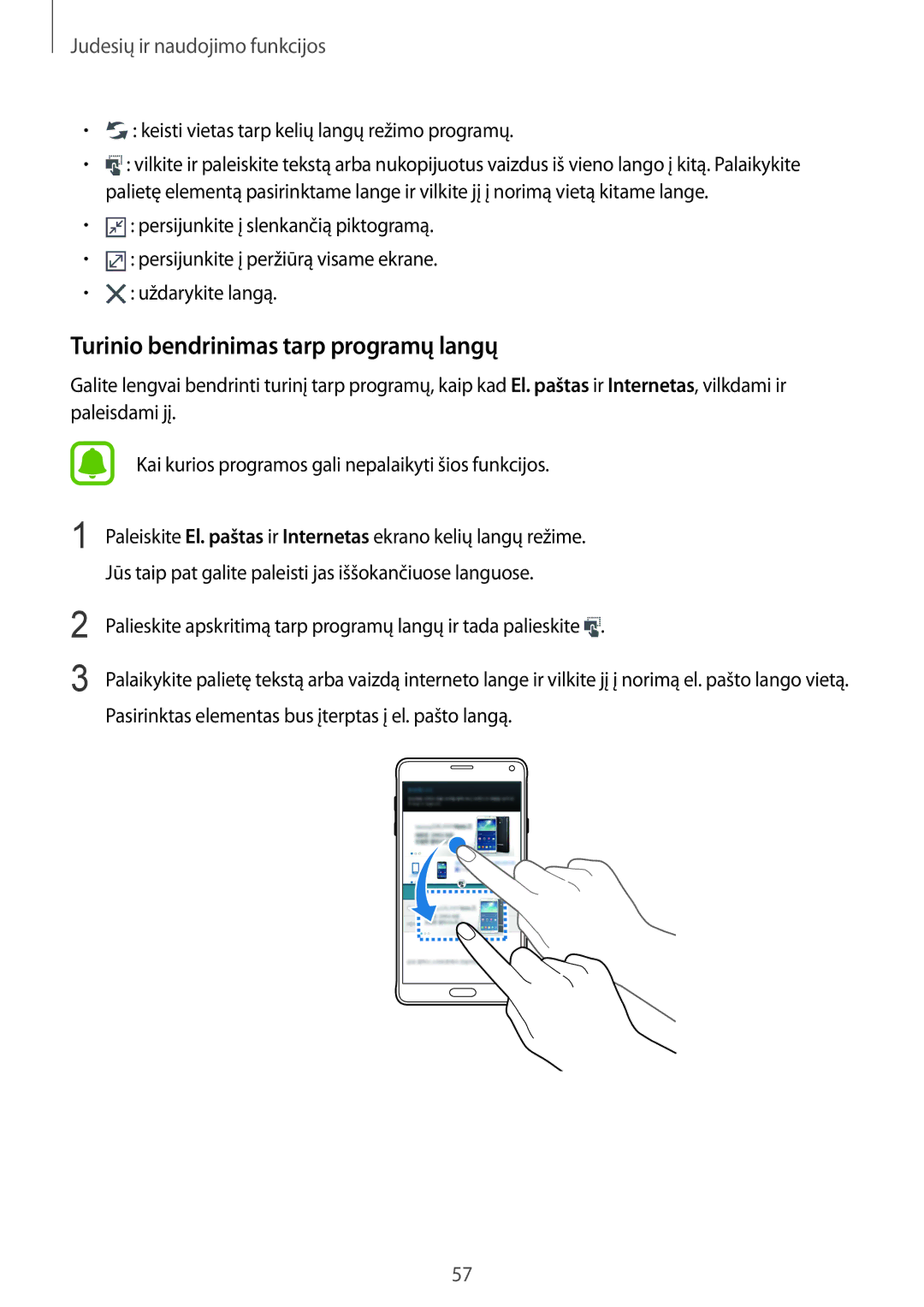 Samsung SM-N910FZIEBAL manual Turinio bendrinimas tarp programų langų, Keisti vietas tarp kelių langų režimo programų 