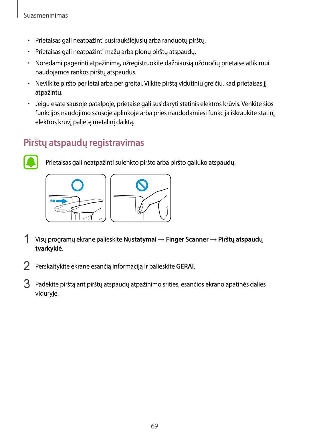 Samsung SM-N910CZWESEB, SM-N910FZWEBAL, SM-N910FZIEBAL, SM-N910FZDEBAL, SM-N910FZKEBAL manual Pirštų atspaudų registravimas 