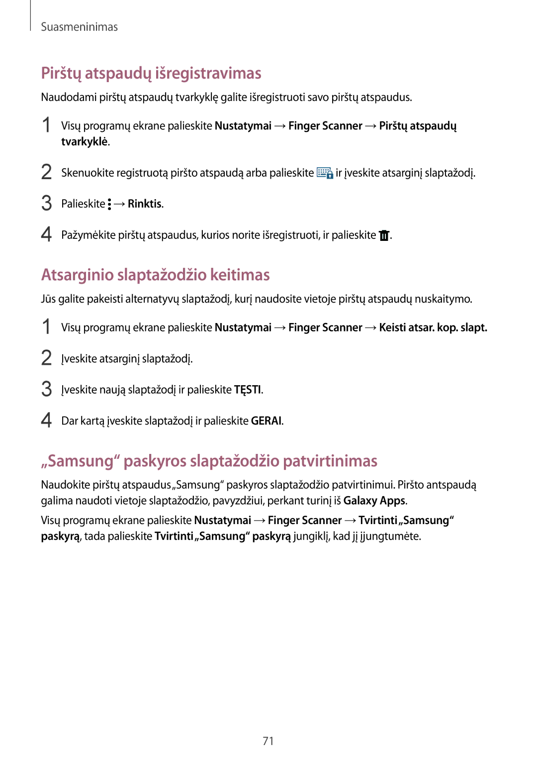 Samsung SM-N910FZIEBAL, SM-N910FZWEBAL, SM-N910FZDEBAL Pirštų atspaudų išregistravimas, Atsarginio slaptažodžio keitimas 