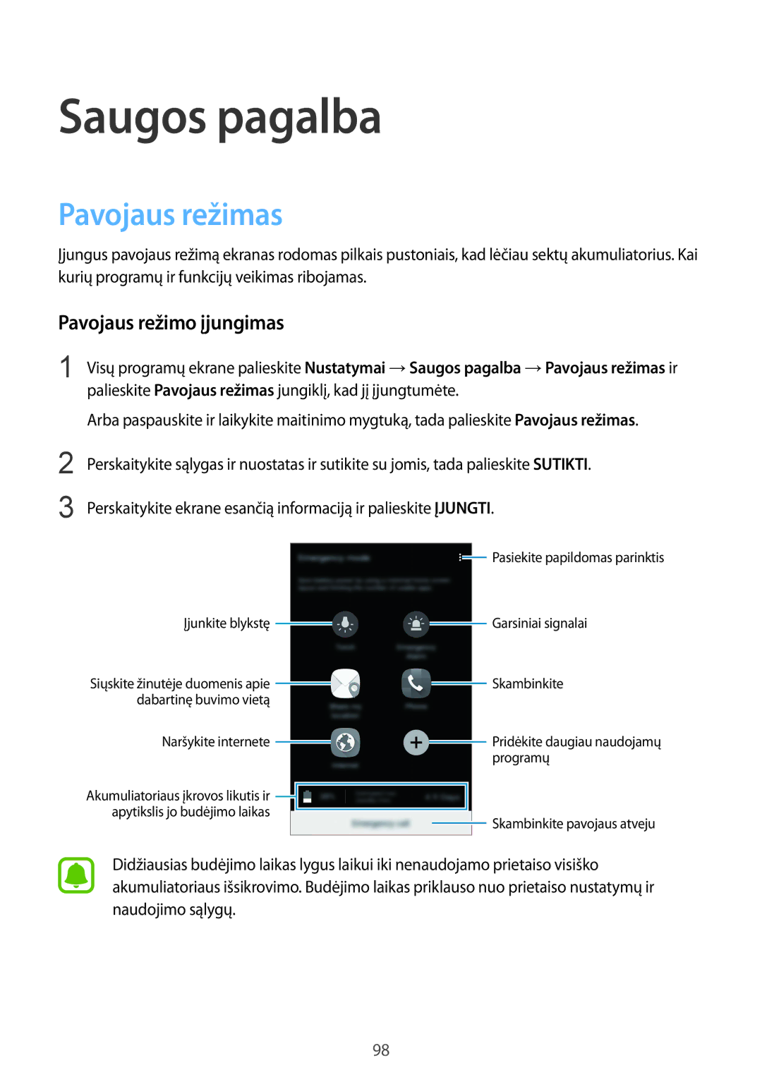 Samsung SM-N910FZWEBAL, SM-N910FZIEBAL, SM-N910FZDEBAL manual Saugos pagalba, Pavojaus režimas, Pavojaus režimo įjungimas 