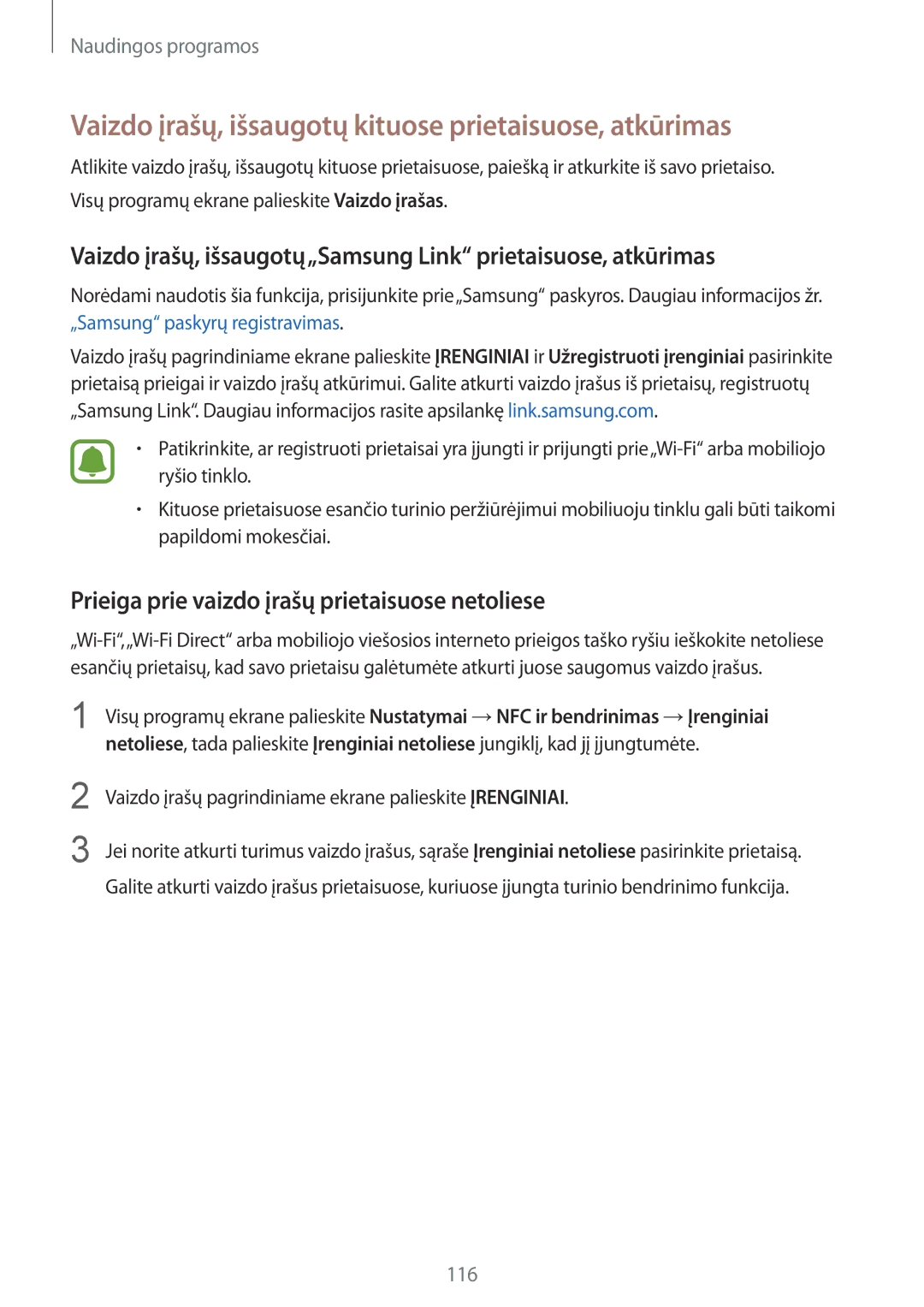 Samsung SM-N910CZKESEB, SM-N910FZWEBAL, SM-N910FZIEBAL manual Vaizdo įrašų, išsaugotų kituose prietaisuose, atkūrimas 