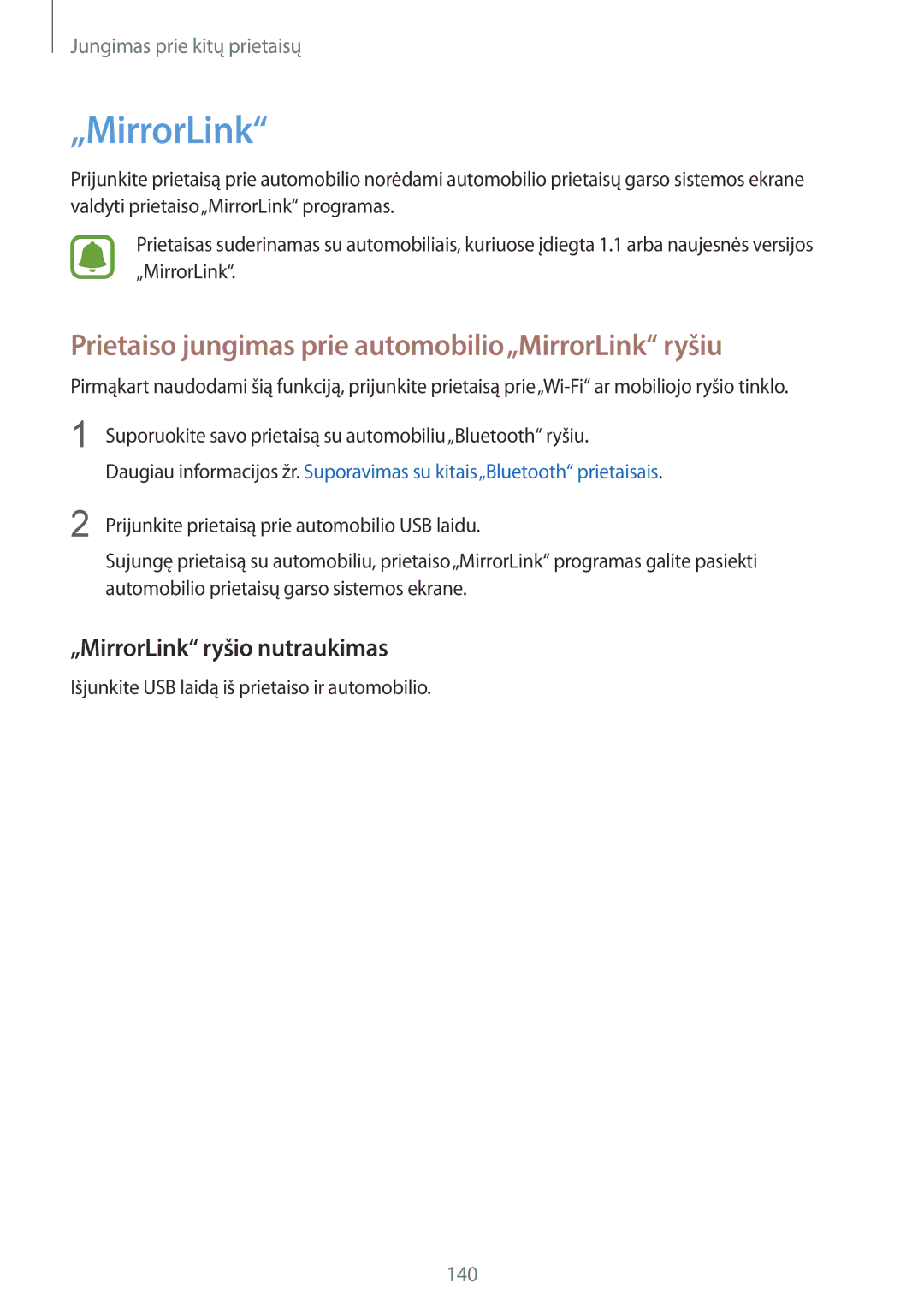 Samsung SM-N910FZWEBAL manual Prietaiso jungimas prie automobilio„MirrorLink ryšiu, „MirrorLink ryšio nutraukimas 