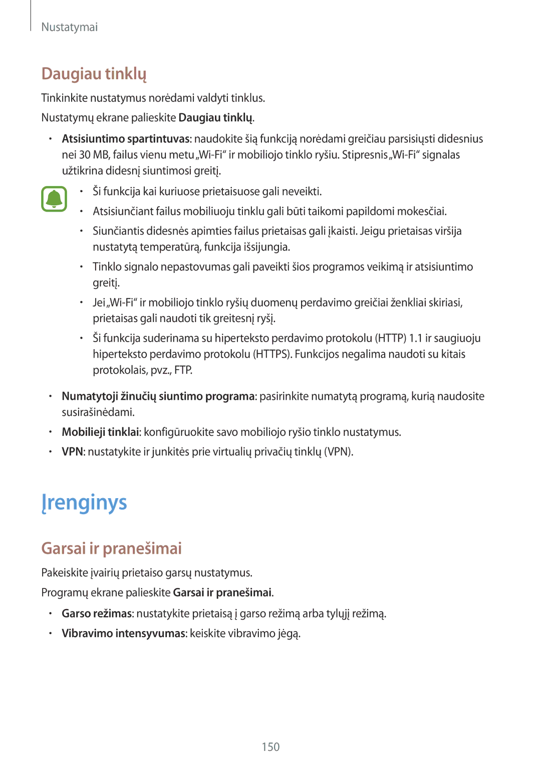 Samsung SM-N910FZKEBAL, SM-N910FZWEBAL, SM-N910FZIEBAL, SM-N910FZDEBAL manual Įrenginys, Daugiau tinklų, Garsai ir pranešimai 