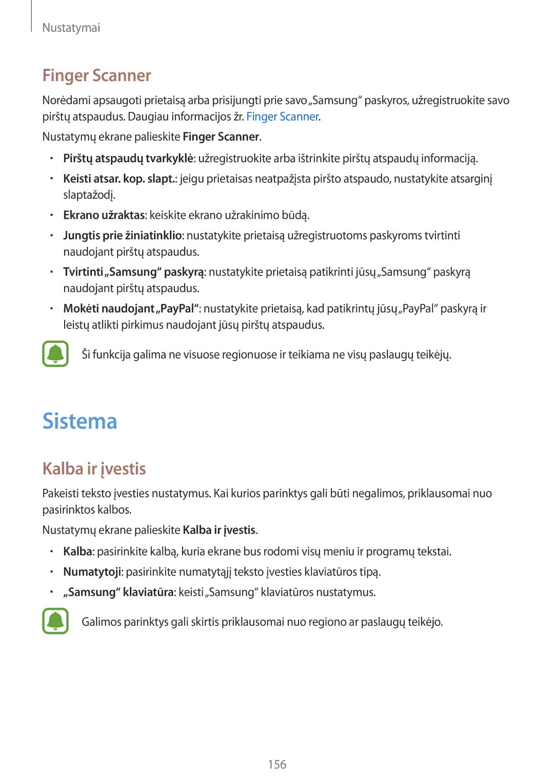 Samsung SM-N910FZDEBAL, SM-N910FZWEBAL, SM-N910FZIEBAL, SM-N910FZKEBAL manual Sistema, Finger Scanner, Kalba ir įvestis 