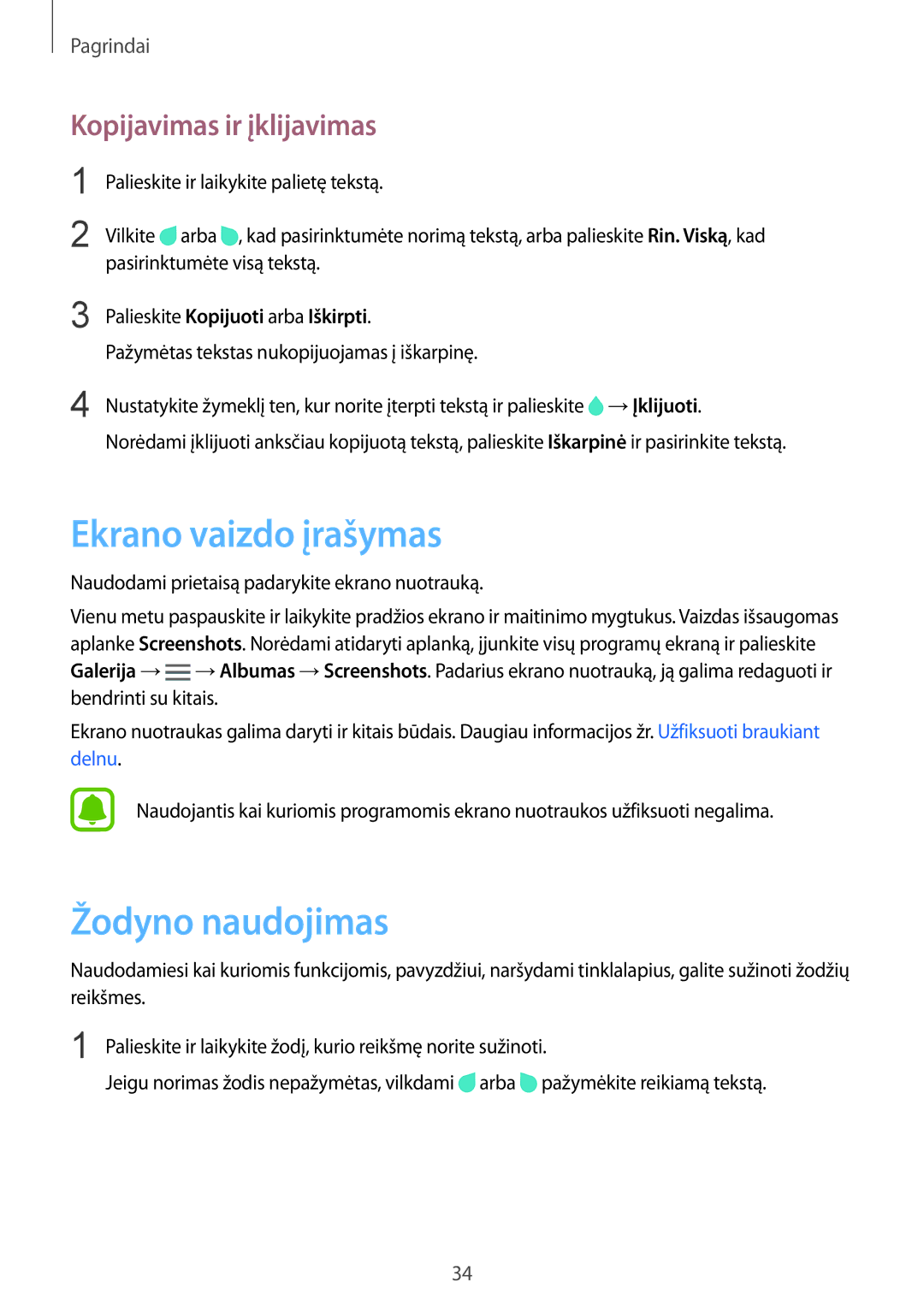 Samsung SM-N910CZWESEB, SM-N910FZWEBAL manual Ekrano vaizdo įrašymas, Žodyno naudojimas, Kopijavimas ir įklijavimas 