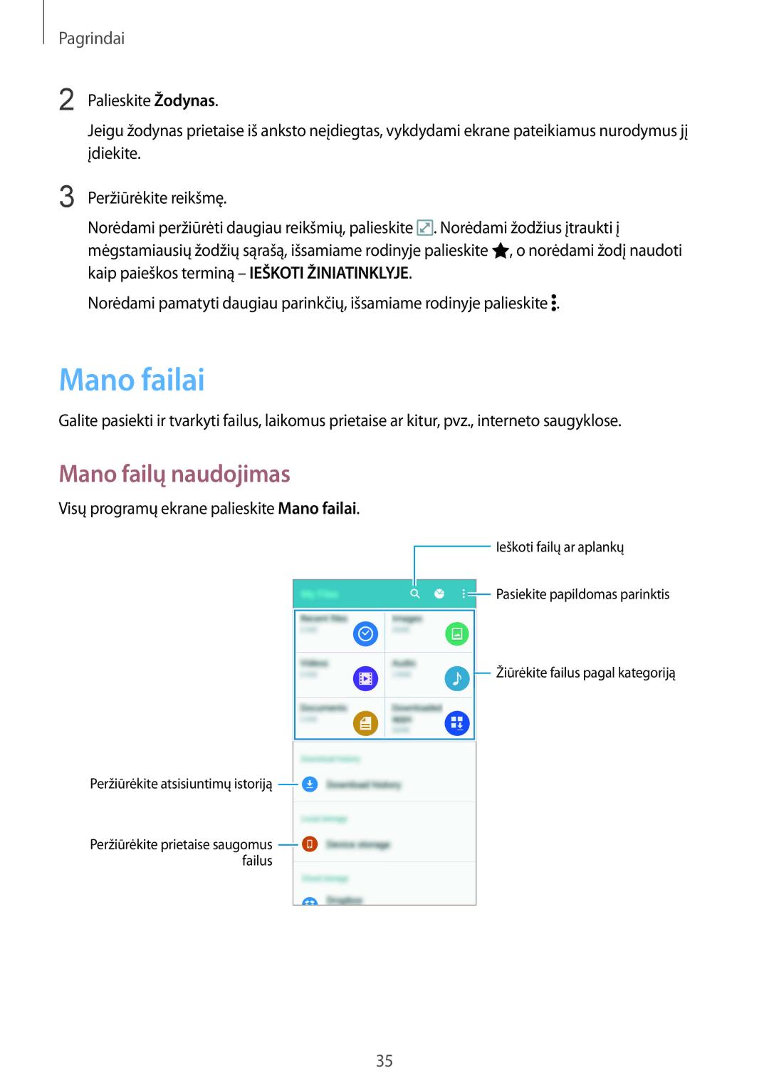 Samsung SM-N910FZWEBAL, SM-N910FZIEBAL manual Mano failų naudojimas, Visų programų ekrane palieskite Mano failai 