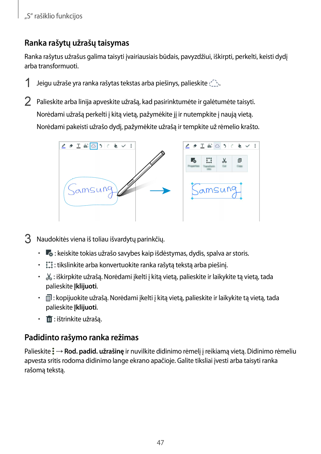 Samsung SM-N910CZDESEB, SM-N910FZWEBAL, SM-N910FZIEBAL manual Ranka rašytų užrašų taisymas, Padidinto rašymo ranka režimas 