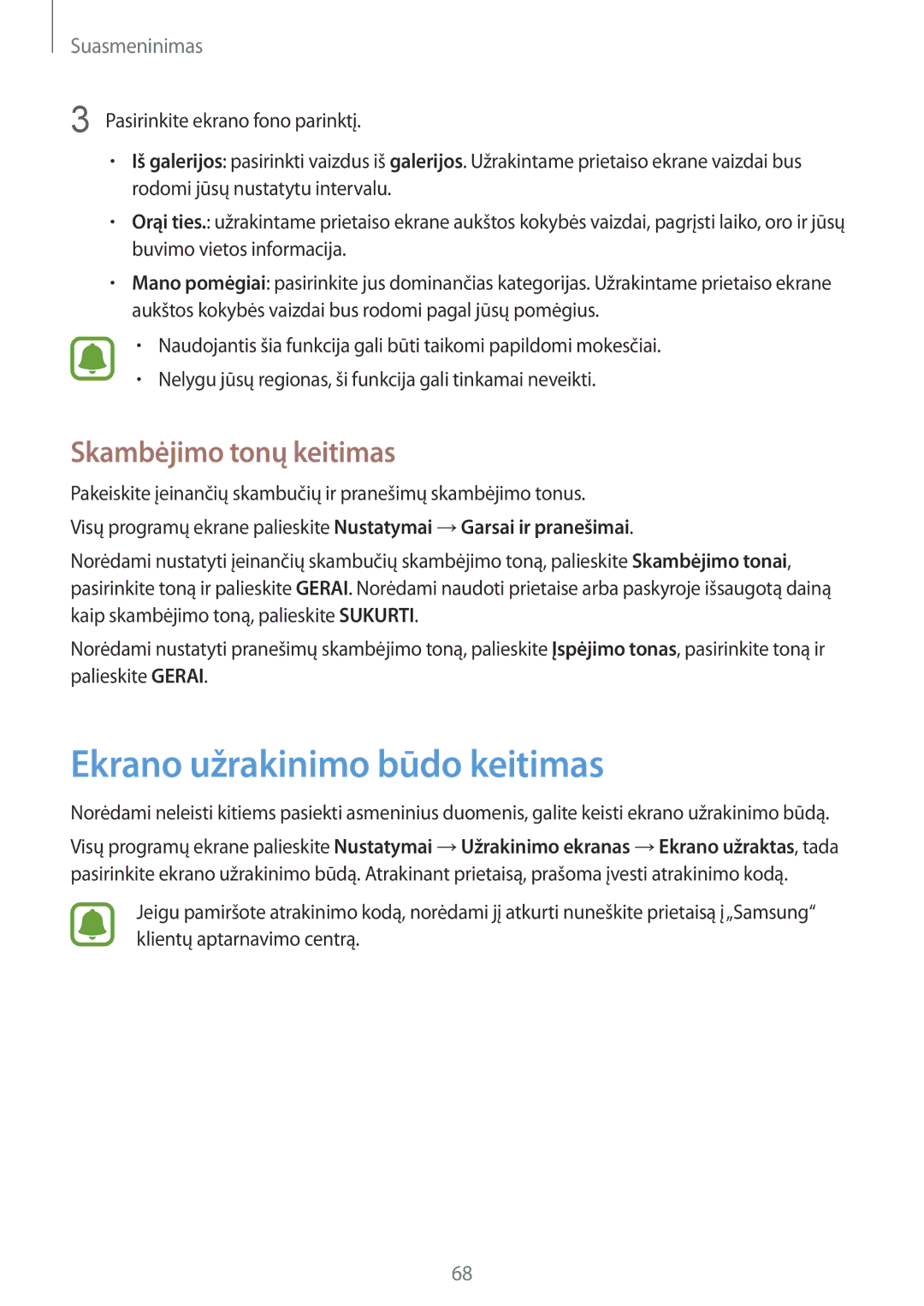 Samsung SM-N910CZDESEB, SM-N910FZWEBAL, SM-N910FZIEBAL manual Ekrano užrakinimo būdo keitimas, Skambėjimo tonų keitimas 