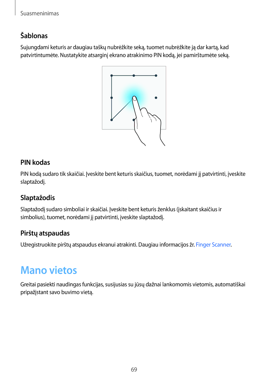 Samsung SM-N910CZWESEB, SM-N910FZWEBAL, SM-N910FZIEBAL manual Mano vietos, Šablonas, PIN kodas, Slaptažodis, Pirštų atspaudas 