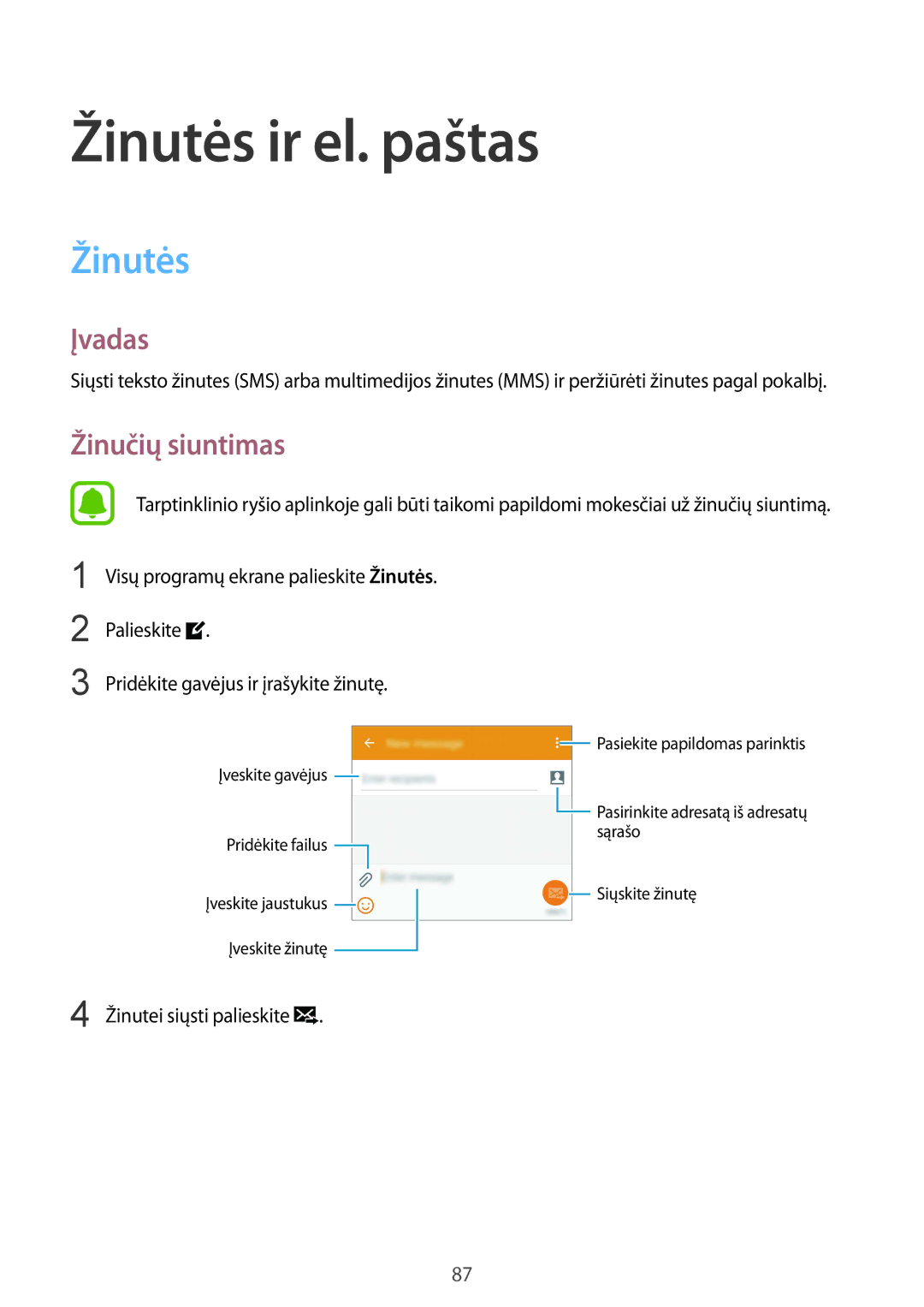 Samsung SM-N910FZKEBAL, SM-N910FZWEBAL, SM-N910FZIEBAL, SM-N910FZDEBAL manual Žinutės ir el. paštas, Žinučių siuntimas 