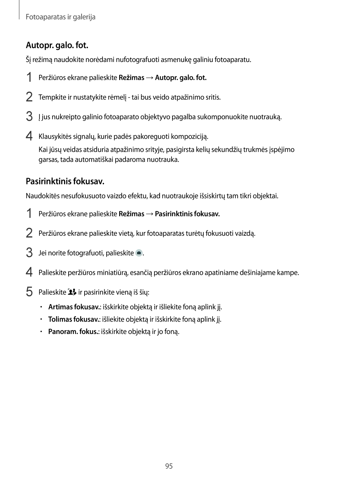 Samsung SM-N910CZKESEB, SM-N910FZWEBAL, SM-N910FZIEBAL, SM-N910FZDEBAL manual Autopr. galo. fot, Pasirinktinis fokusav 