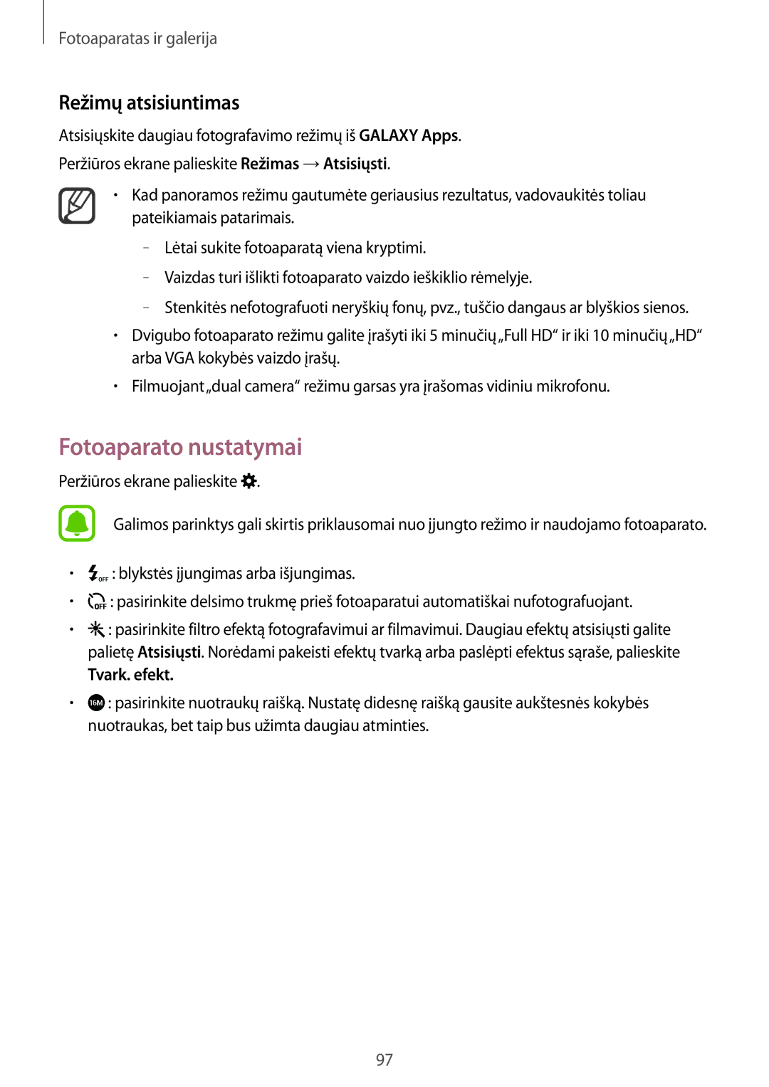 Samsung SM-N910CZWESEB, SM-N910FZWEBAL, SM-N910FZIEBAL manual Fotoaparato nustatymai, Režimų atsisiuntimas, Tvark. efekt 
