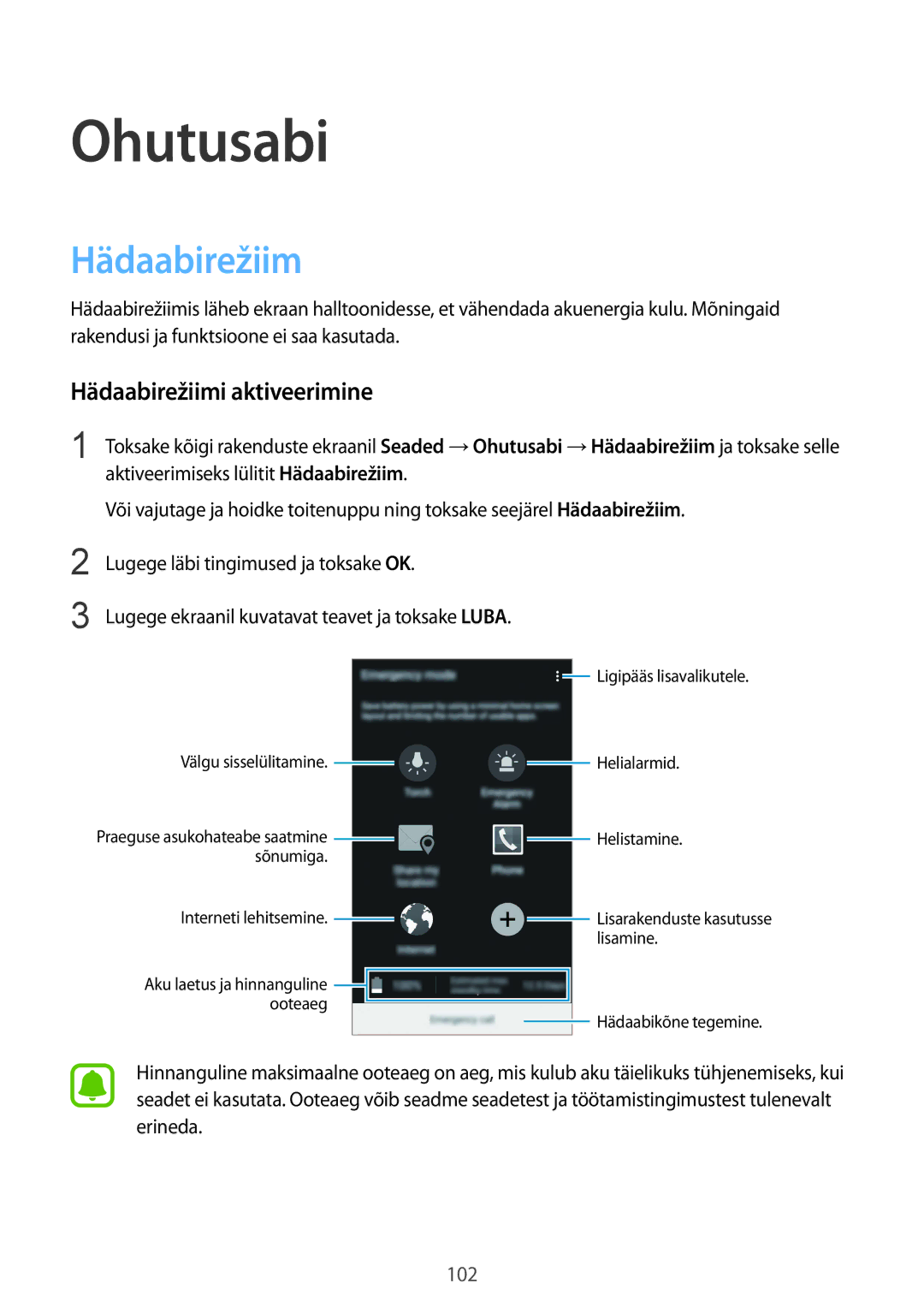 Samsung SM-N910CZKESEB, SM-N910FZWEBAL, SM-N910FZIEBAL, SM-N910FZDEBAL manual Ohutusabi, Hädaabirežiimi aktiveerimine 