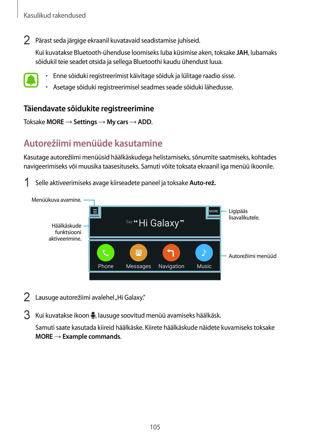 Samsung SM-N910FZWEBAL, SM-N910FZIEBAL manual Autorežiimi menüüde kasutamine, Täiendavate sõidukite registreerimine 