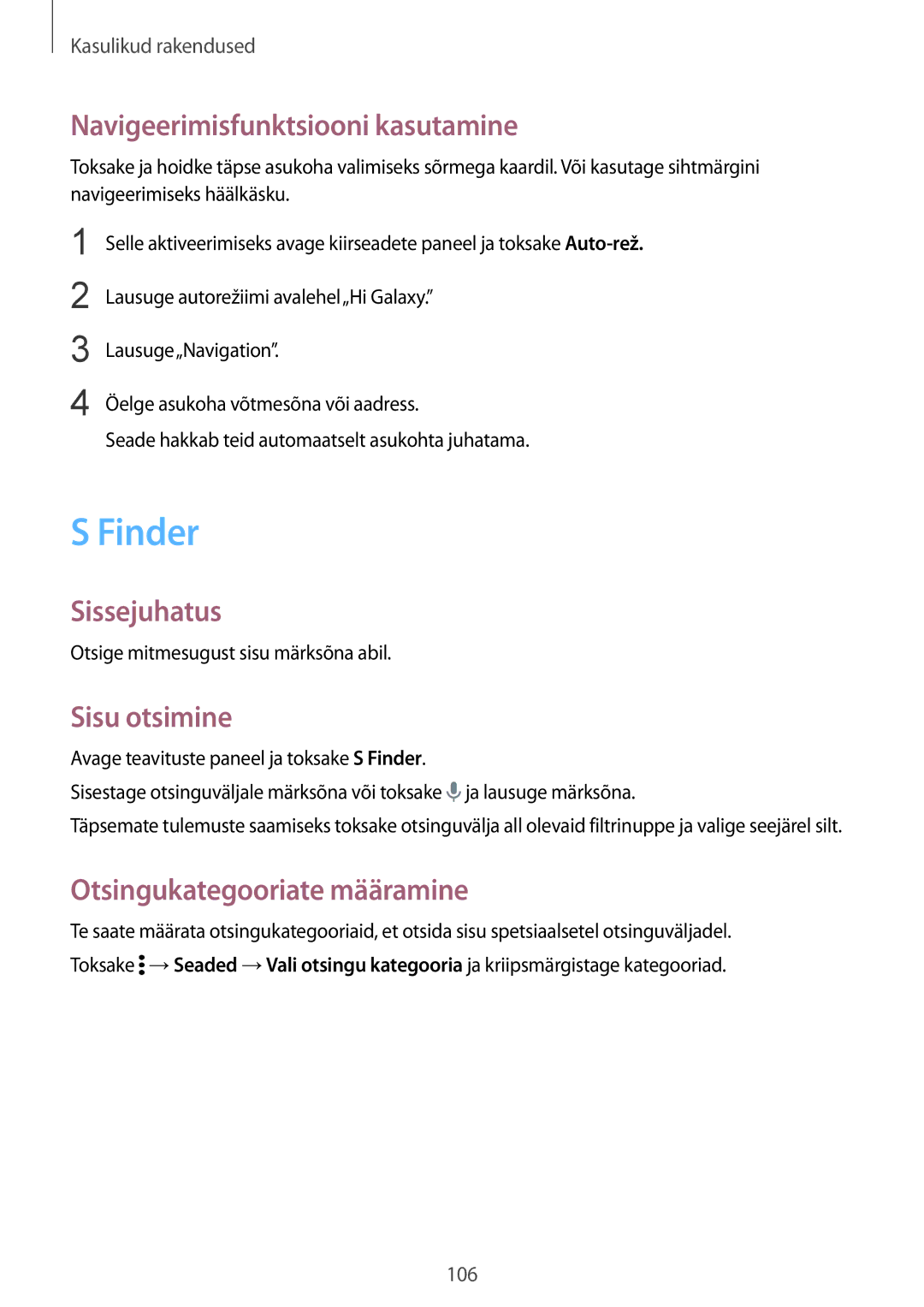 Samsung SM-N910FZIEBAL manual Finder, Navigeerimisfunktsiooni kasutamine, Sisu otsimine, Otsingukategooriate määramine 