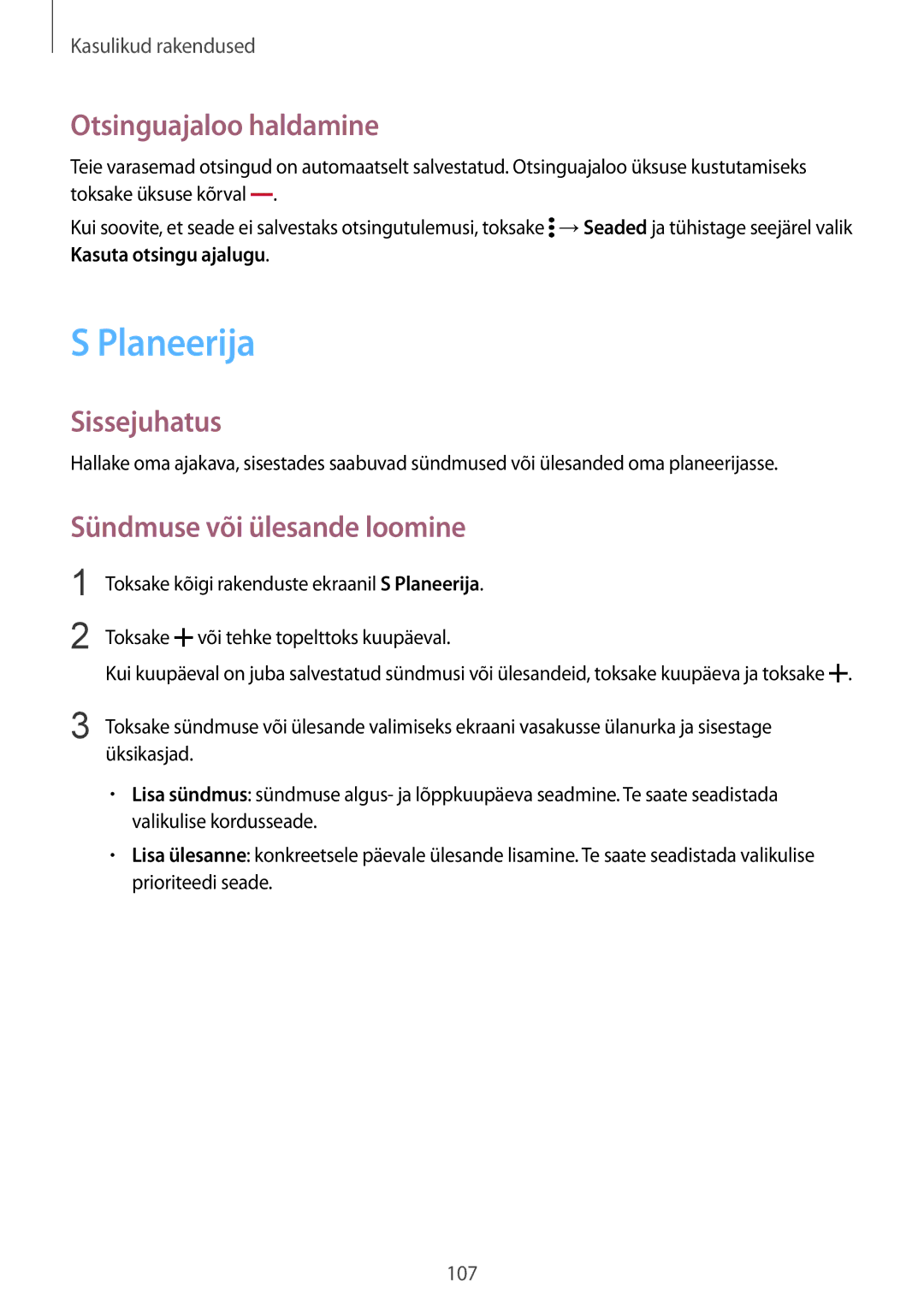 Samsung SM-N910FZDEBAL, SM-N910FZWEBAL, SM-N910FZIEBAL Planeerija, Otsinguajaloo haldamine, Sündmuse või ülesande loomine 