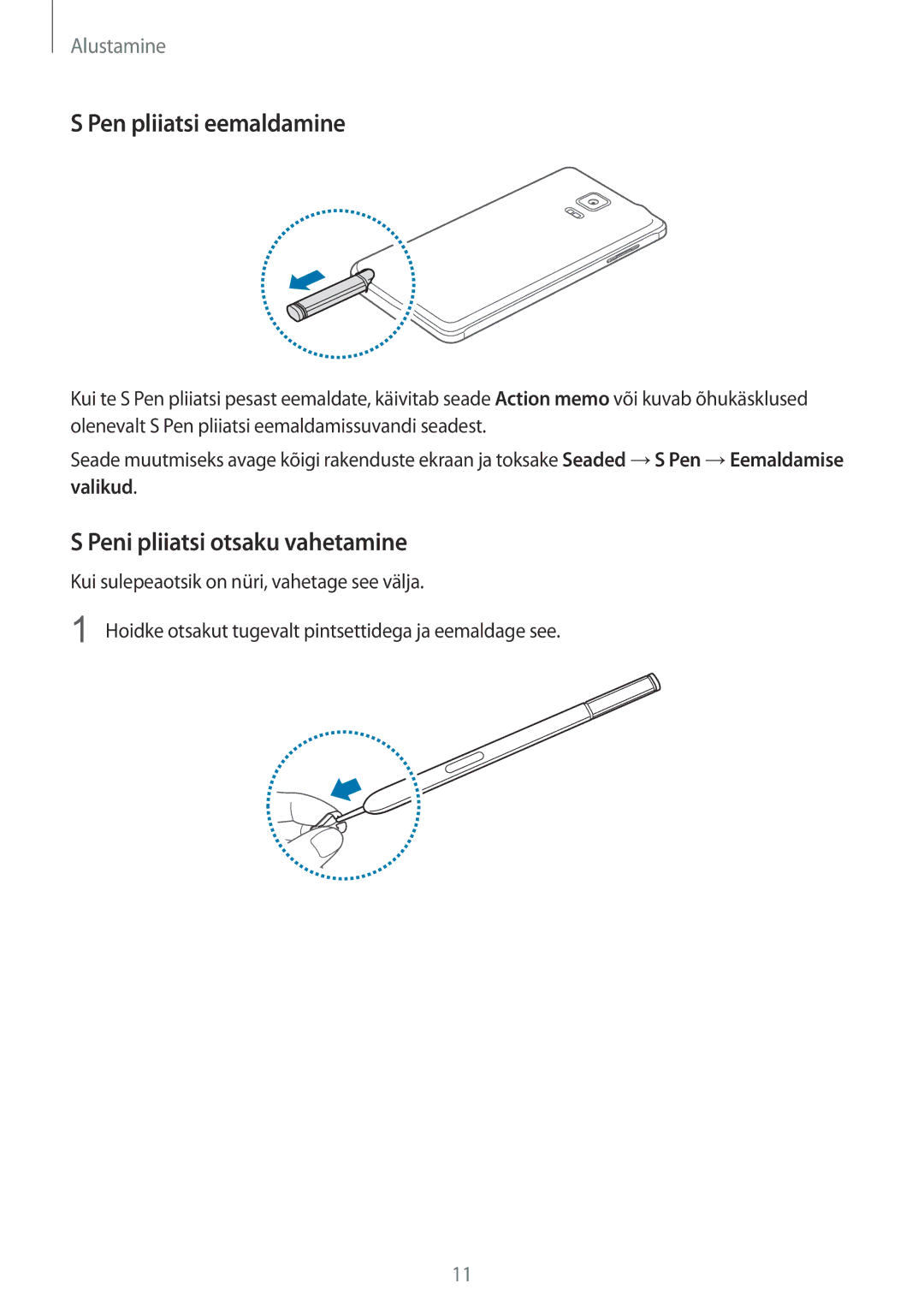 Samsung SM-N910CZKESEB, SM-N910FZWEBAL, SM-N910FZIEBAL manual Pen pliiatsi eemaldamine, Peni pliiatsi otsaku vahetamine 