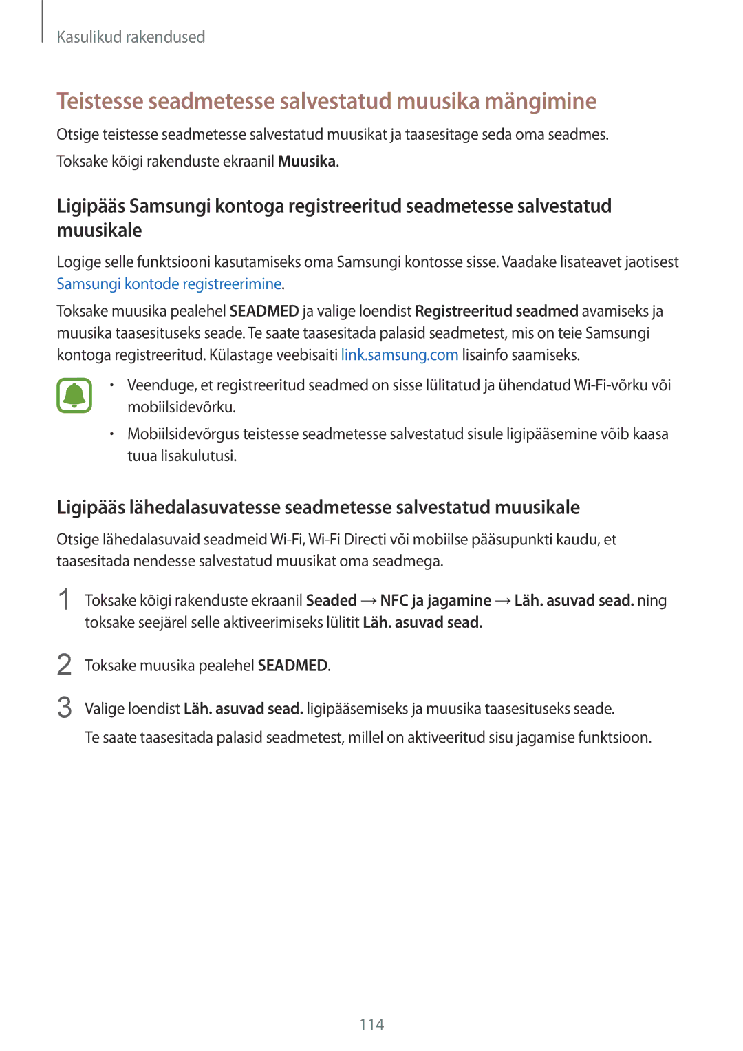 Samsung SM-N910FZDEBAL, SM-N910FZWEBAL, SM-N910FZIEBAL, SM-N910FZKEBAL Teistesse seadmetesse salvestatud muusika mängimine 