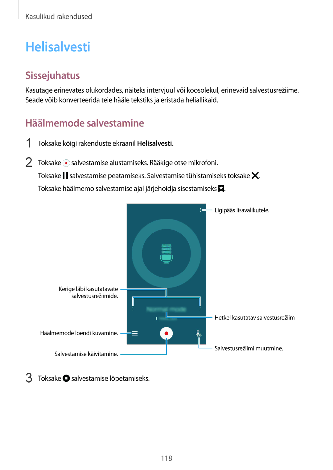 Samsung SM-N910CZWESEB, SM-N910FZWEBAL, SM-N910FZIEBAL, SM-N910FZDEBAL manual Helisalvesti, Häälmemode salvestamine, Toksake 