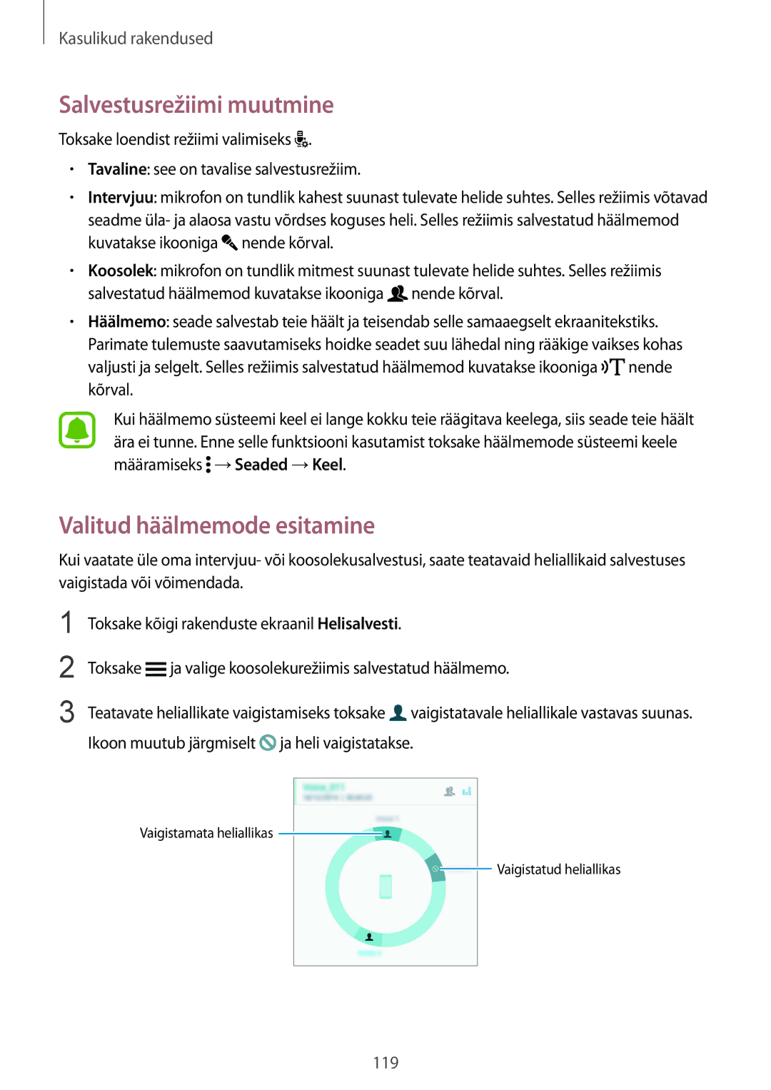 Samsung SM-N910FZWEBAL, SM-N910FZIEBAL, SM-N910FZDEBAL manual Salvestusrežiimi muutmine, Valitud häälmemode esitamine 