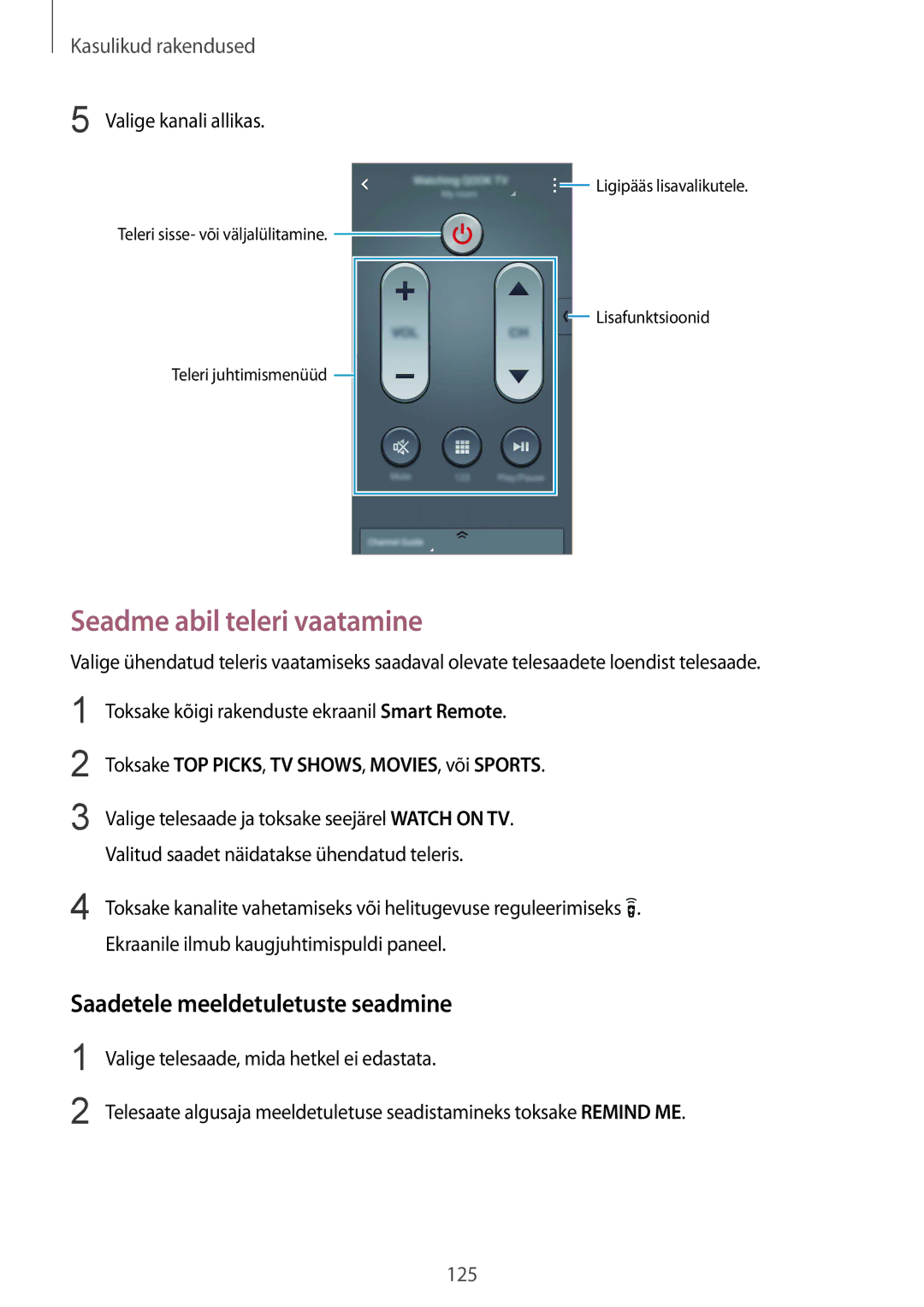 Samsung SM-N910CZWESEB manual Seadme abil teleri vaatamine, Saadetele meeldetuletuste seadmine, Valige kanali allikas 