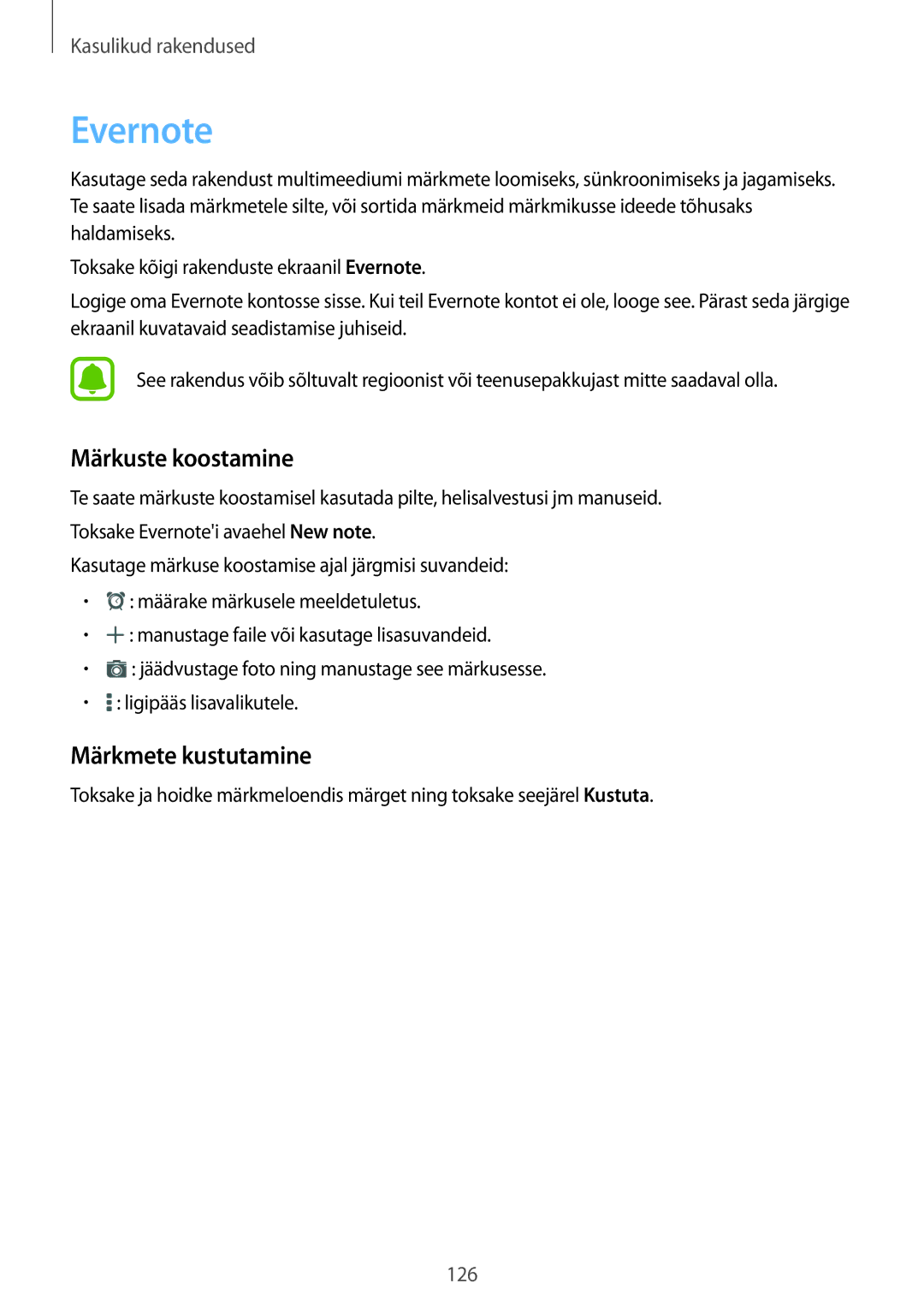 Samsung SM-N910FZWEBAL, SM-N910FZIEBAL, SM-N910FZDEBAL, SM-N910FZKEBAL Evernote, Märkuste koostamine, Märkmete kustutamine 