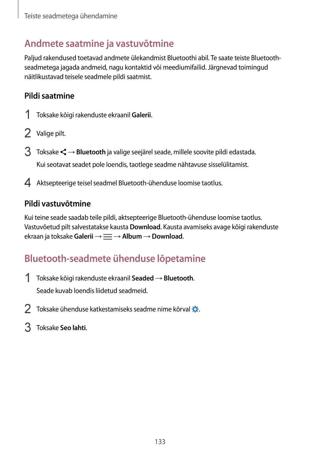 Samsung SM-N910FZWEBAL manual Andmete saatmine ja vastuvõtmine, Bluetooth-seadmete ühenduse lõpetamine, Pildi saatmine 