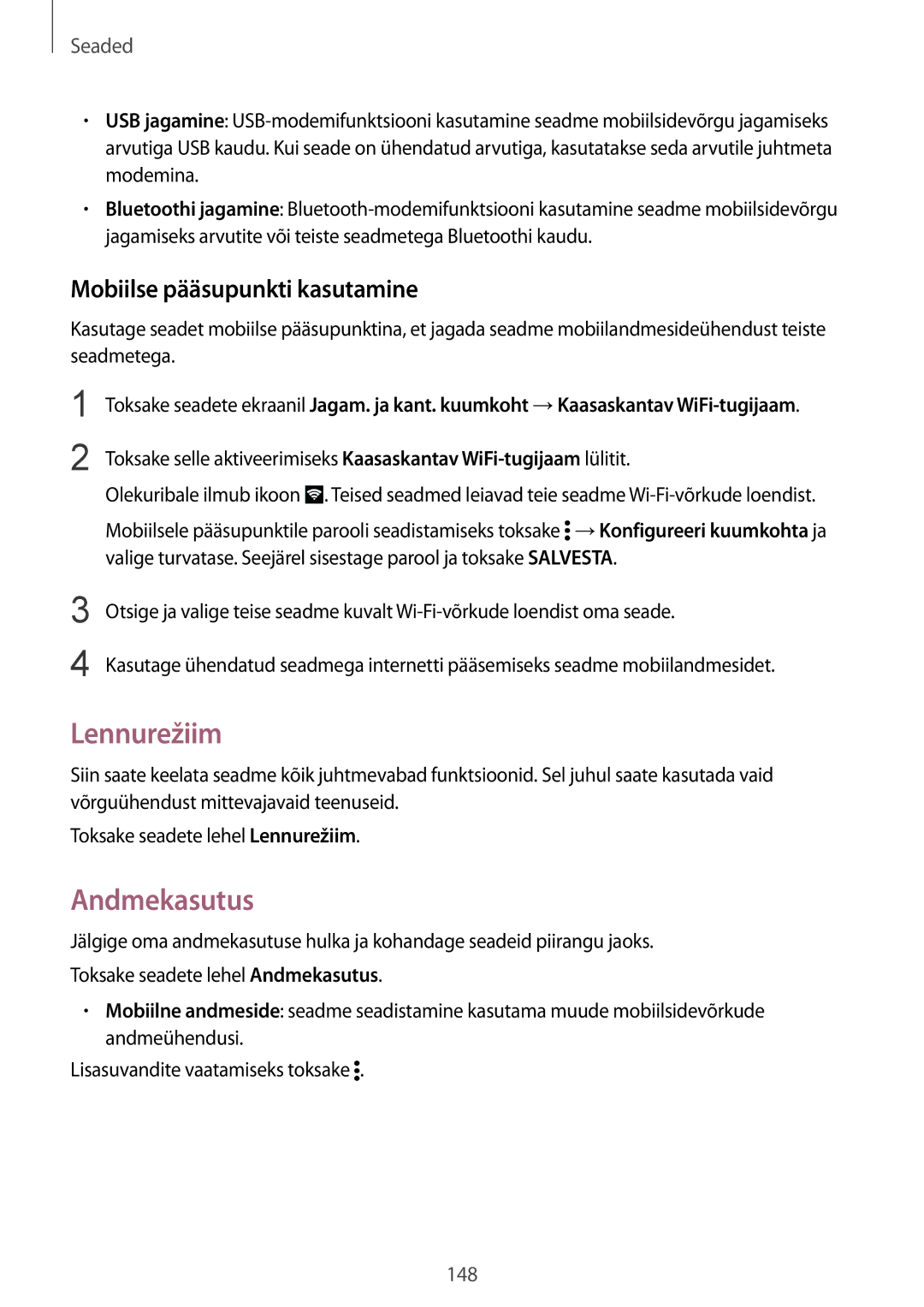 Samsung SM-N910FZIEBAL, SM-N910FZWEBAL, SM-N910FZDEBAL manual Lennurežiim, Andmekasutus, Mobiilse pääsupunkti kasutamine 