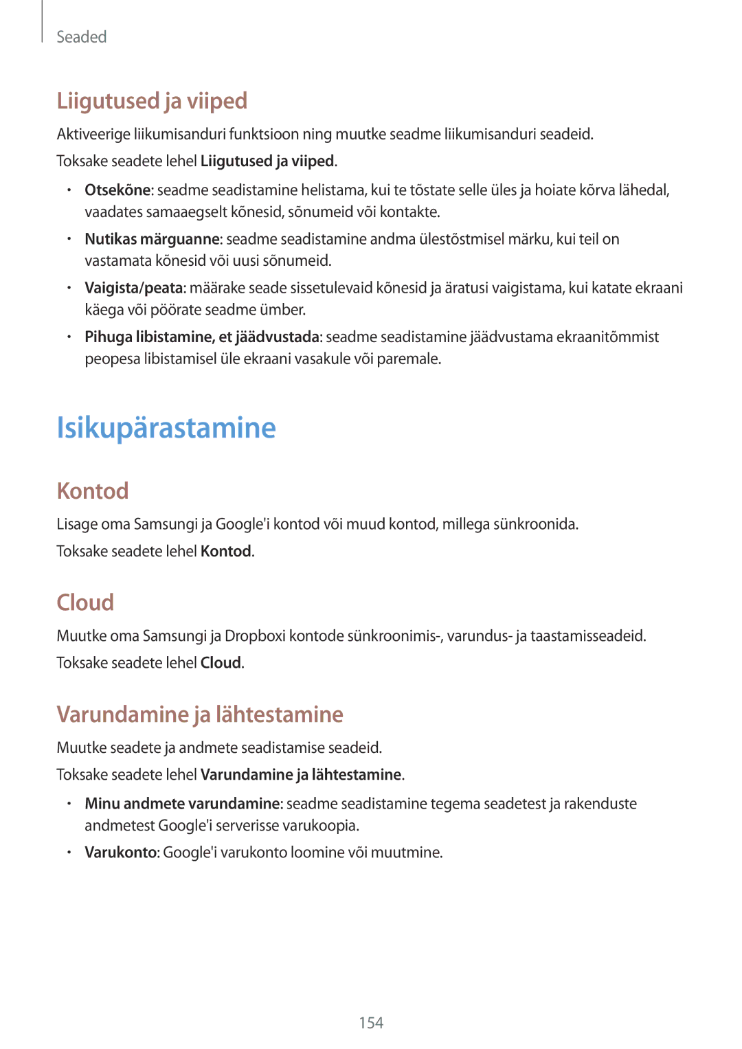 Samsung SM-N910FZWEBAL, SM-N910FZIEBAL Isikupärastamine, Liigutused ja viiped, Kontod, Cloud, Varundamine ja lähtestamine 