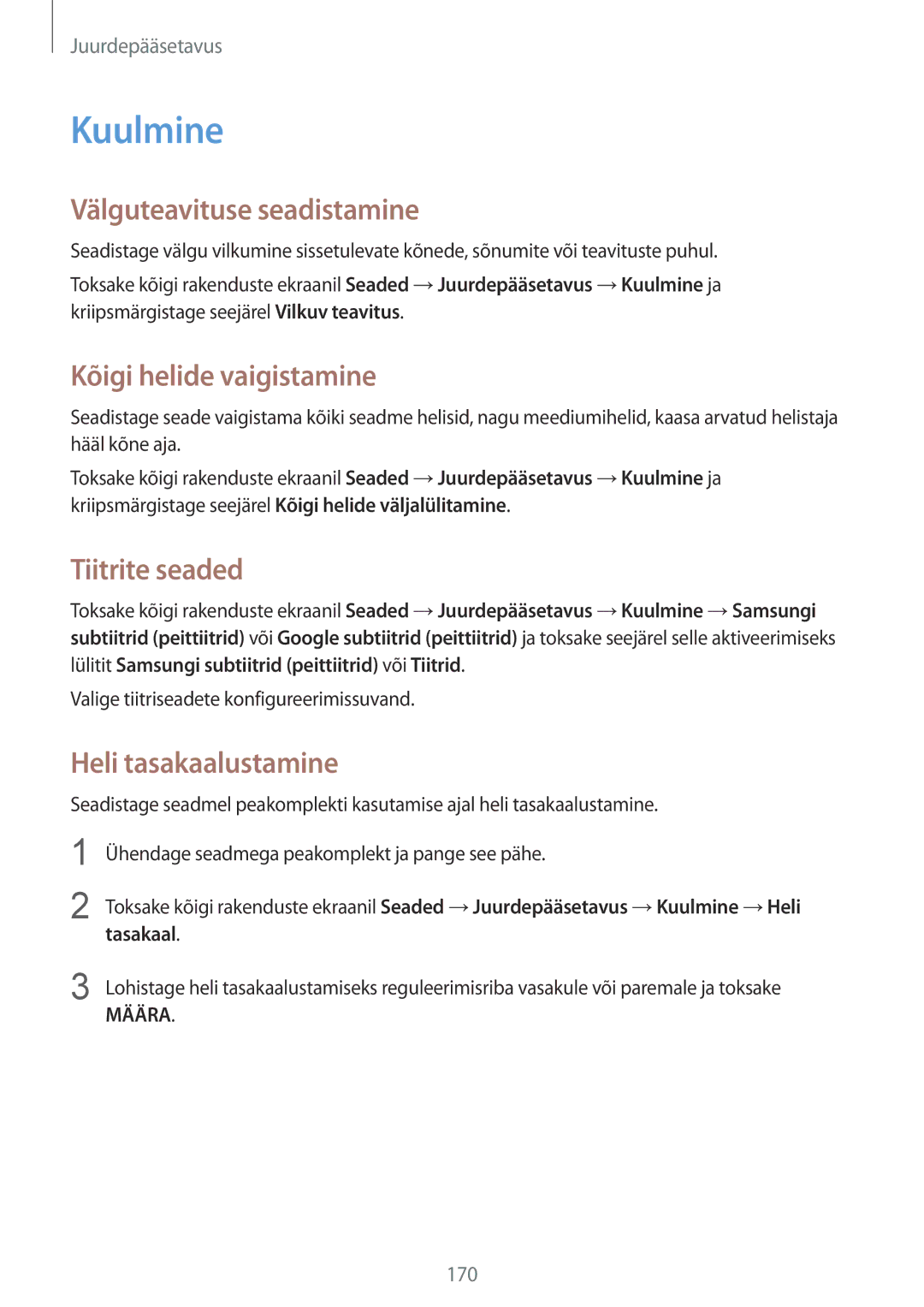 Samsung SM-N910FZDEBAL, SM-N910FZWEBAL Kuulmine, Välguteavituse seadistamine, Kõigi helide vaigistamine, Tiitrite seaded 