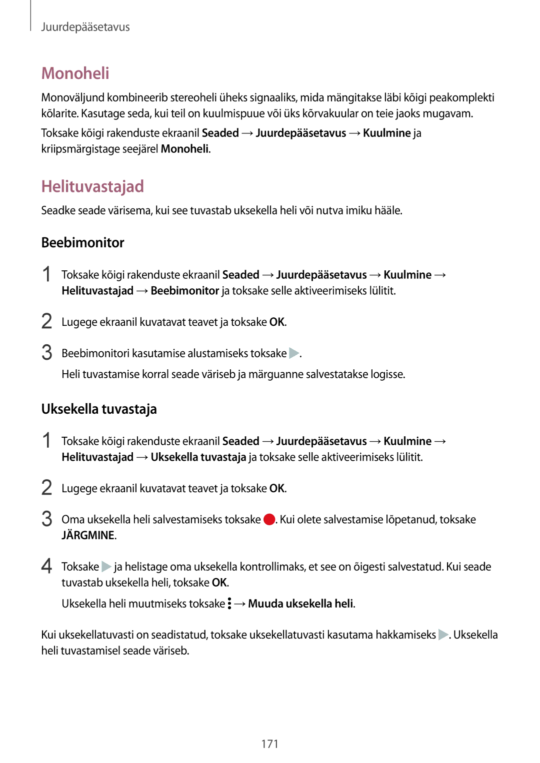 Samsung SM-N910FZKEBAL, SM-N910FZWEBAL, SM-N910FZIEBAL manual Monoheli, Helituvastajad, Beebimonitor, Uksekella tuvastaja 