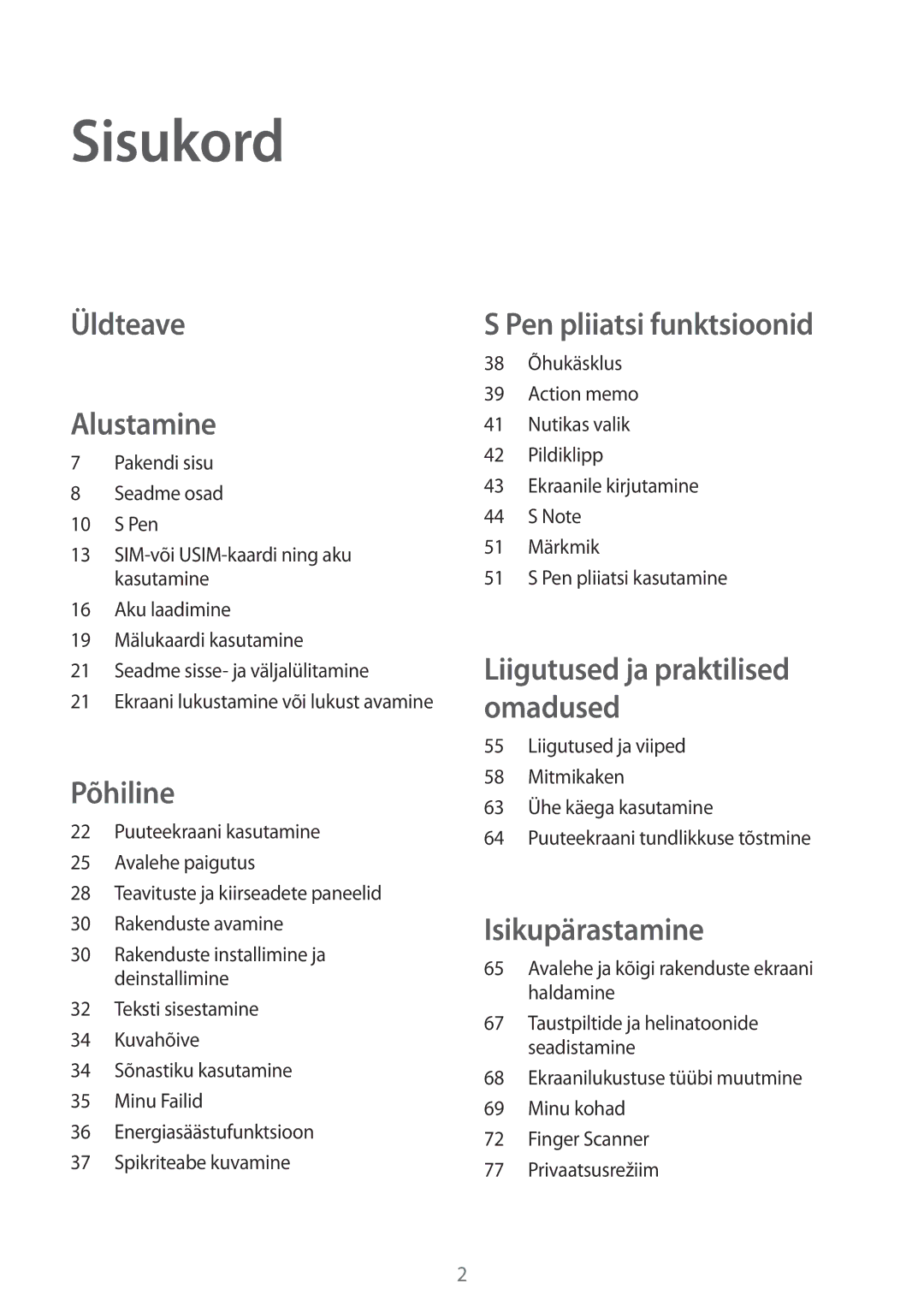 Samsung SM-N910FZDEBAL, SM-N910FZWEBAL, SM-N910FZIEBAL manual Sisukord, Avalehe ja kõigi rakenduste ekraani haldamine 