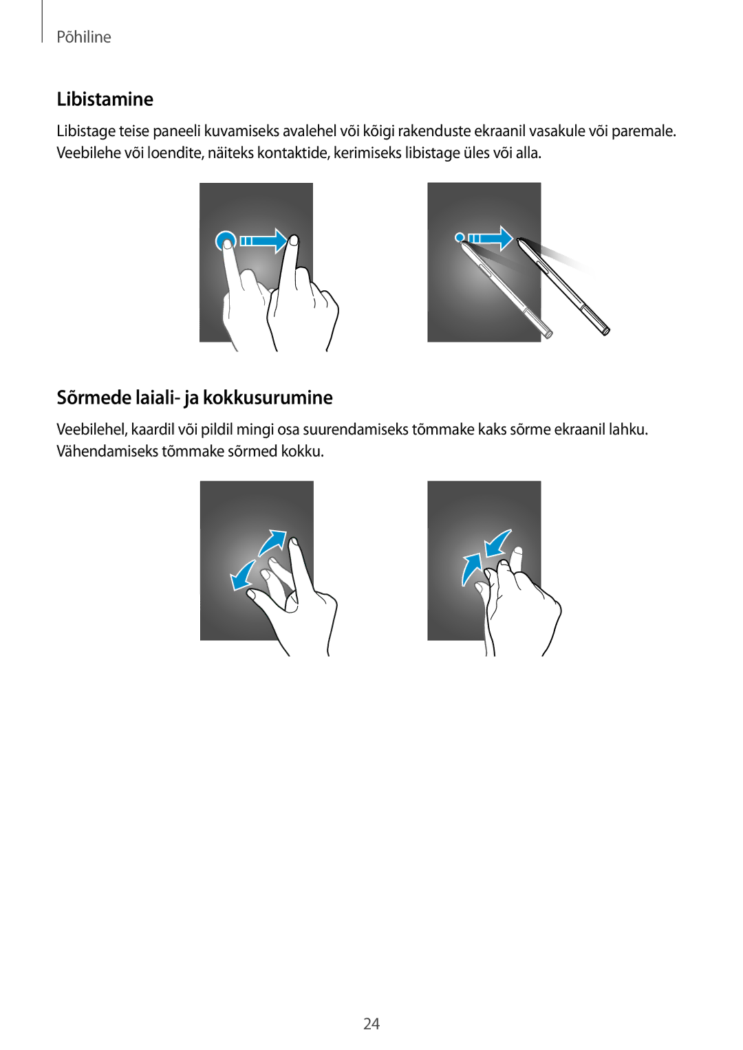 Samsung SM-N910FZKEBAL, SM-N910FZWEBAL, SM-N910FZIEBAL, SM-N910FZDEBAL manual Libistamine, Sõrmede laiali- ja kokkusurumine 