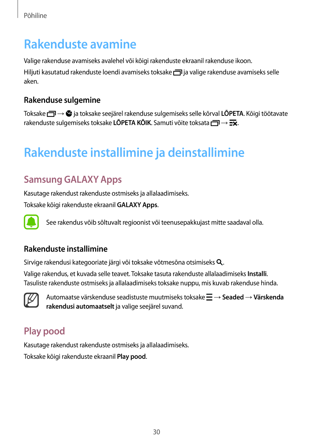 Samsung SM-N910FZDEBAL manual Rakenduste avamine, Rakenduste installimine ja deinstallimine, Samsung Galaxy Apps, Play pood 